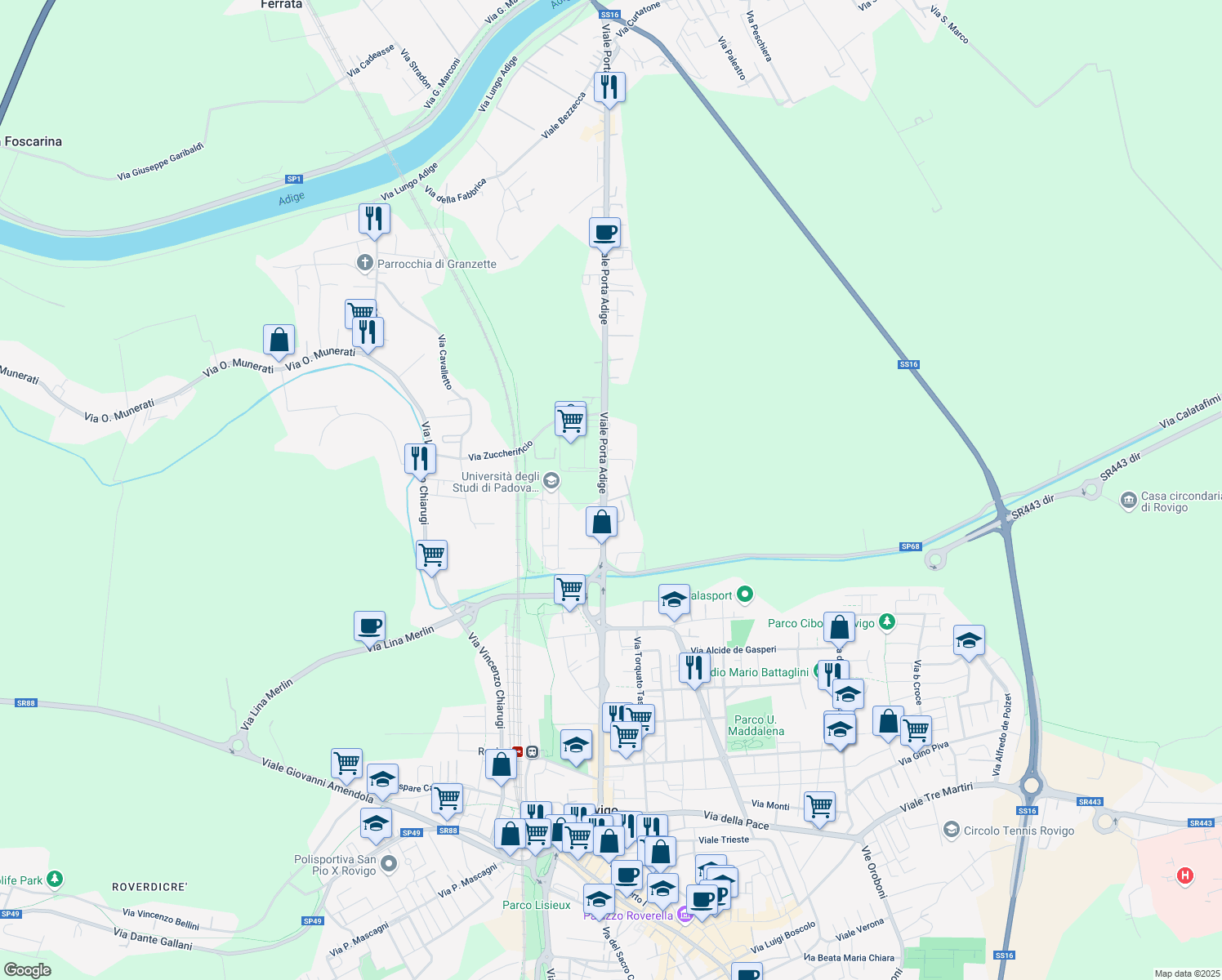 map of restaurants, bars, coffee shops, grocery stores, and more near 40 Viale Porta Adige in Rovigo