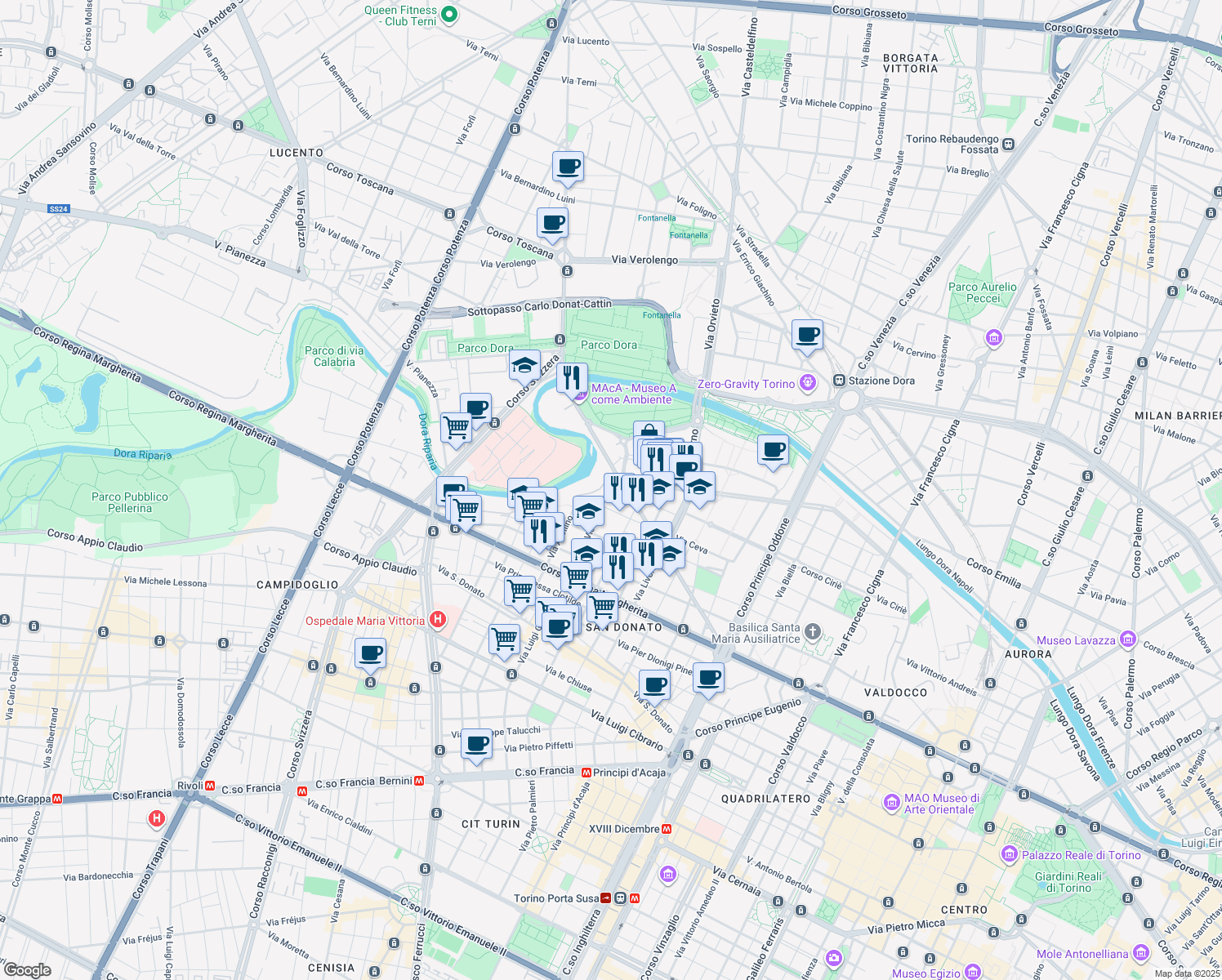 map of restaurants, bars, coffee shops, grocery stores, and more near Via Luigi Bellotti Bon in Turin