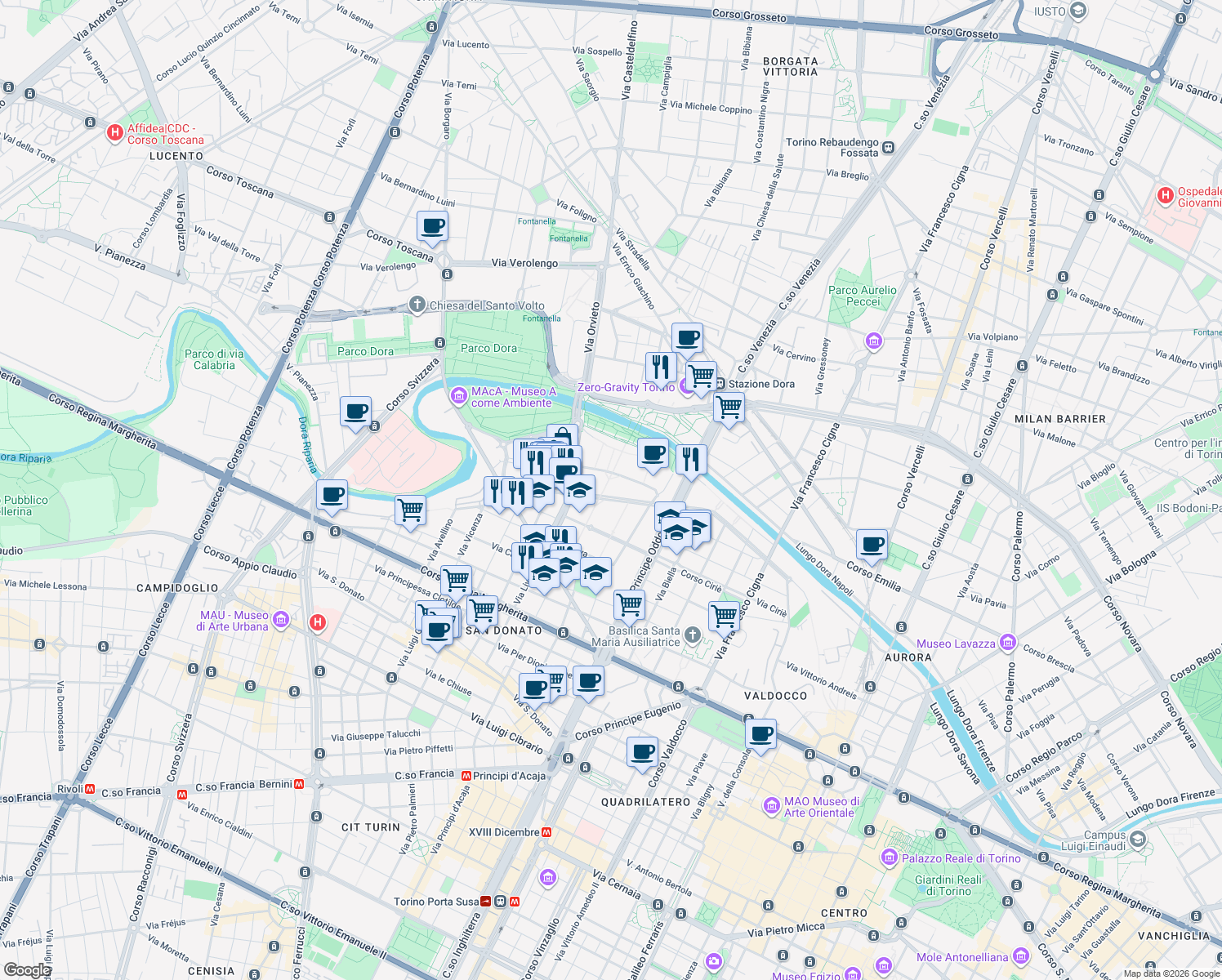 map of restaurants, bars, coffee shops, grocery stores, and more near 32 Corso Ottone Rosai in Torino