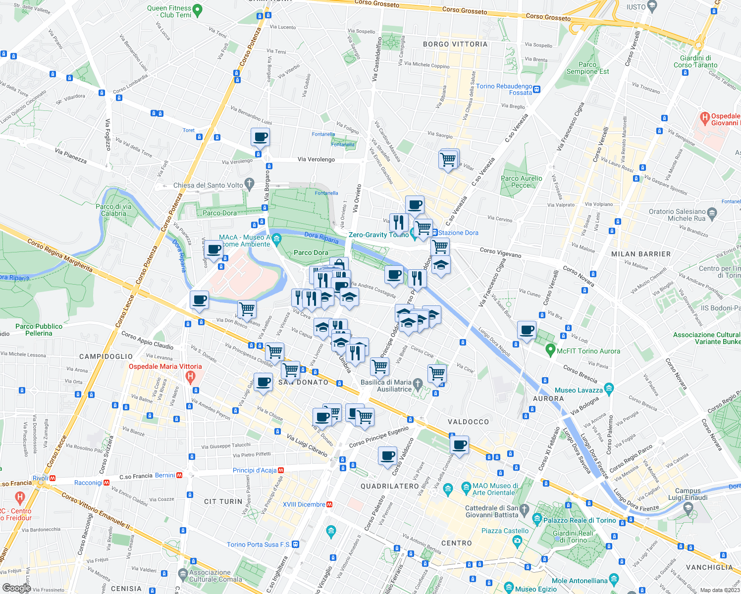 map of restaurants, bars, coffee shops, grocery stores, and more near 32 Corso Ottone Rosai in Torino