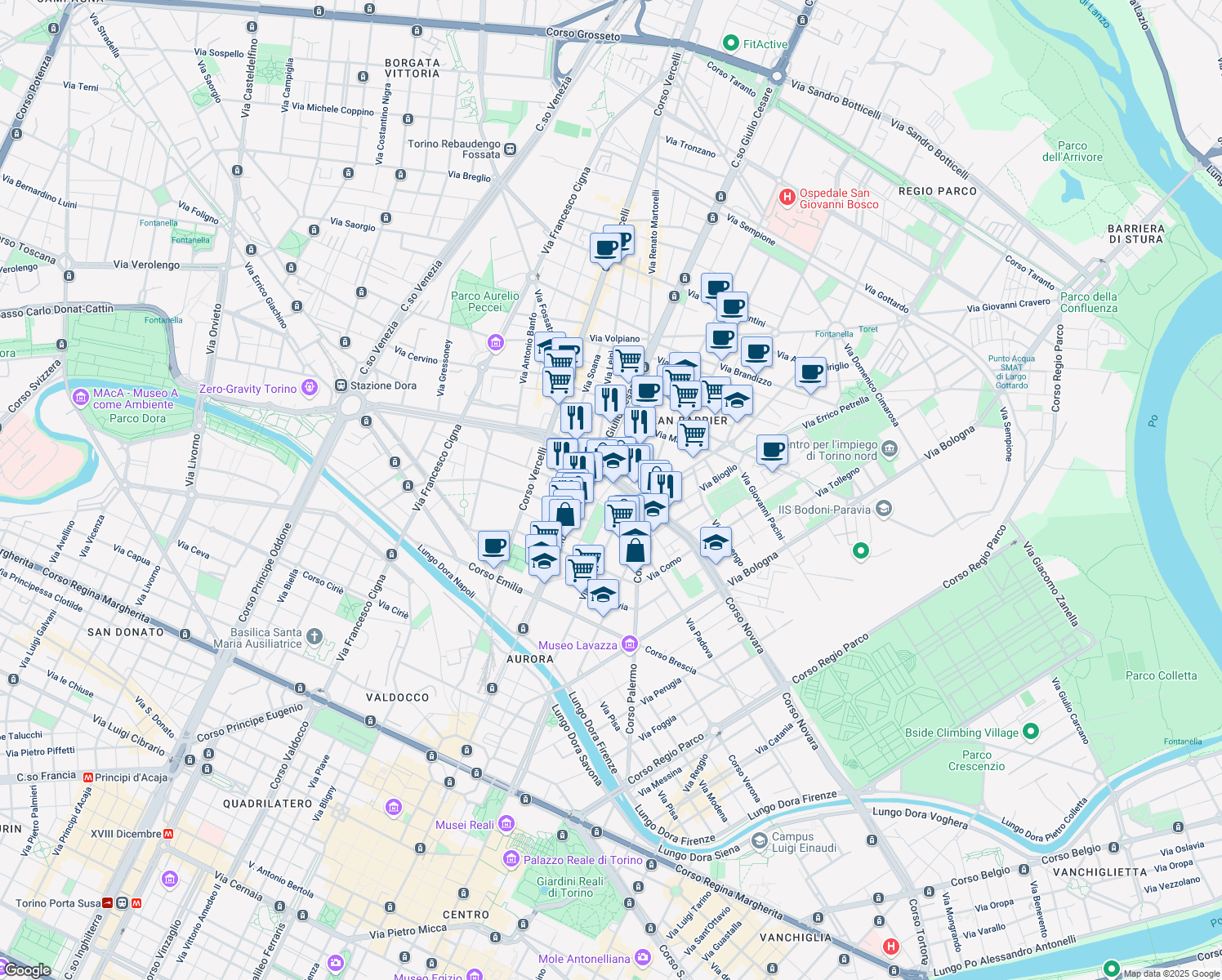 map of restaurants, bars, coffee shops, grocery stores, and more near 26 Corso Novara in Torino