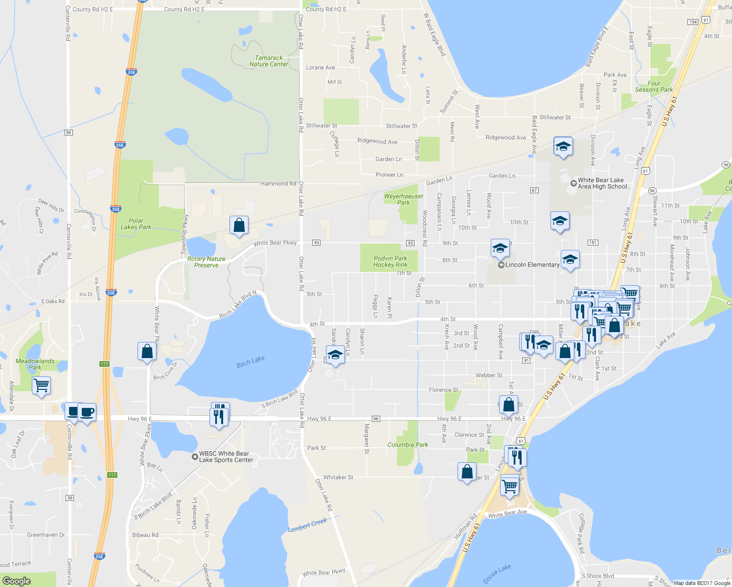 map of restaurants, bars, coffee shops, grocery stores, and more near 4816 Sharon Lane in White Bear Lake