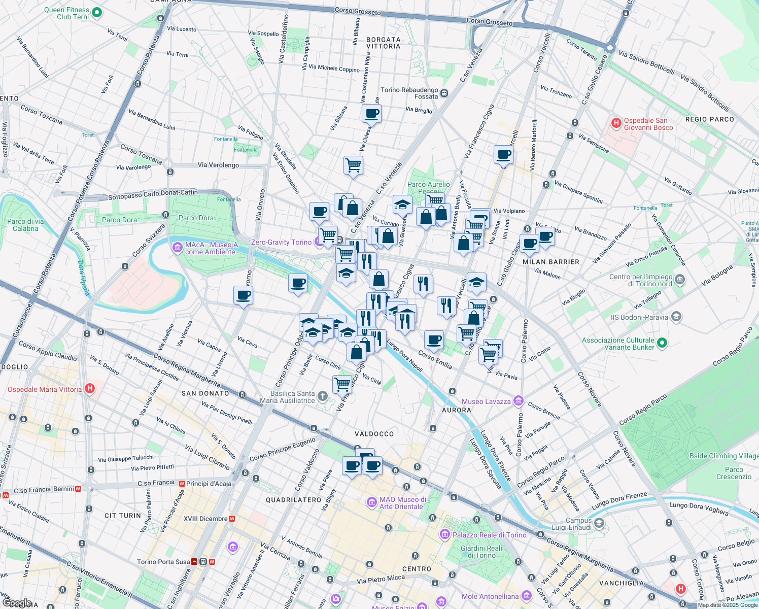map of restaurants, bars, coffee shops, grocery stores, and more near 63-71 Via Francesco Cigna in Torino