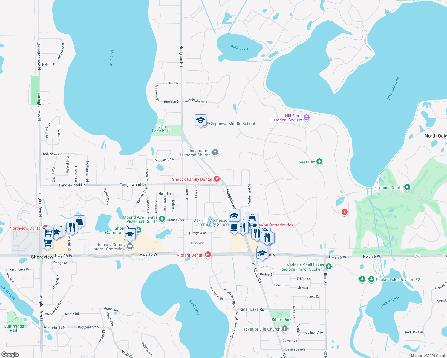 map of restaurants, bars, coffee shops, grocery stores, and more near 4818 Hodgson Road in Shoreview