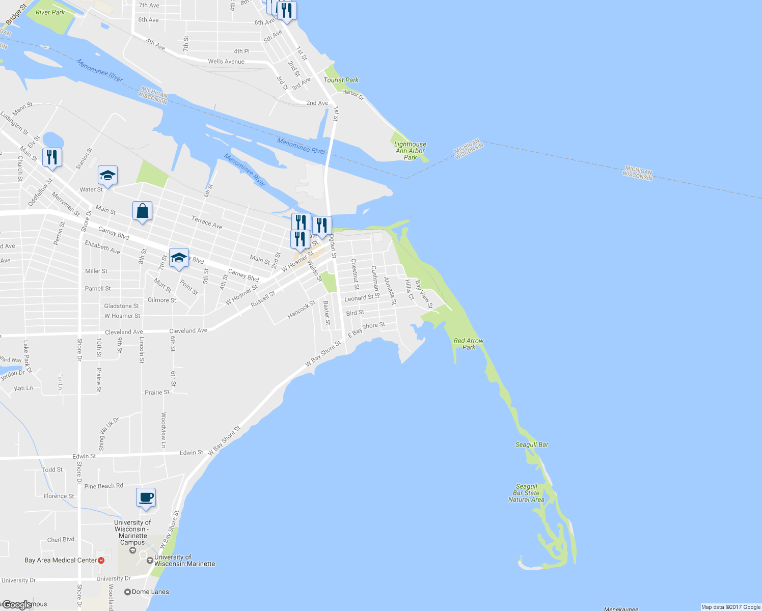 map of restaurants, bars, coffee shops, grocery stores, and more near 521 Cushman Street in Marinette