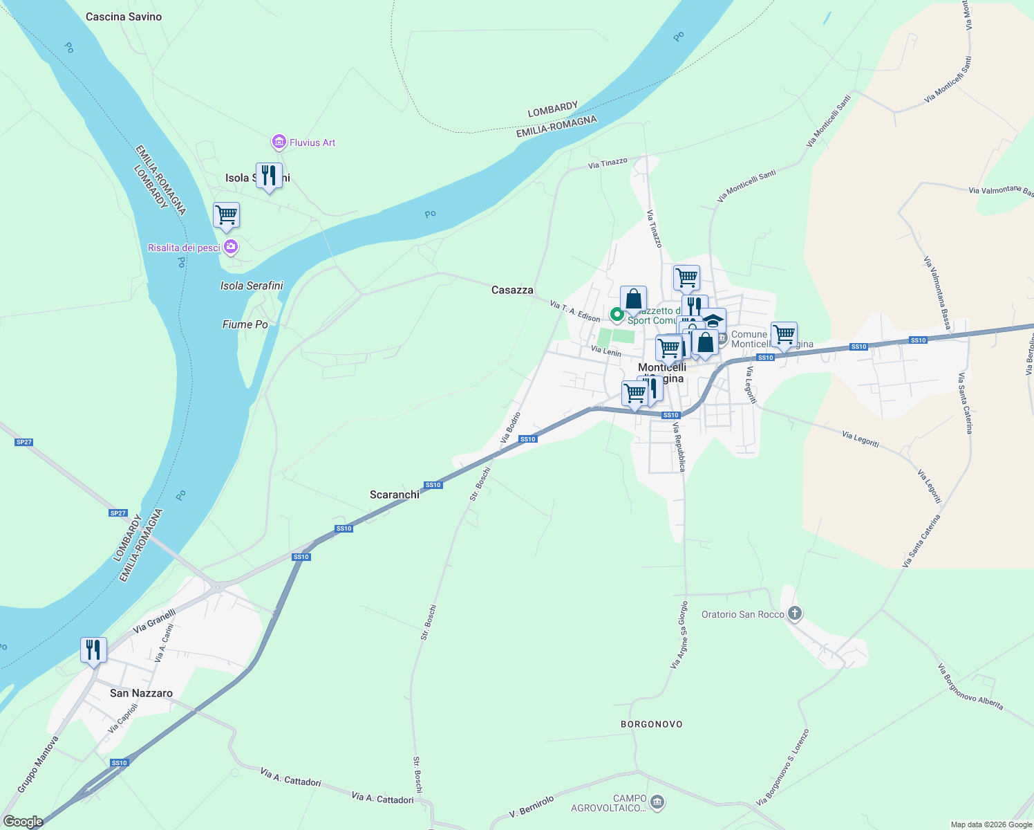 map of restaurants, bars, coffee shops, grocery stores, and more near 15 Via Bodrio in Monticelli d'Ongina