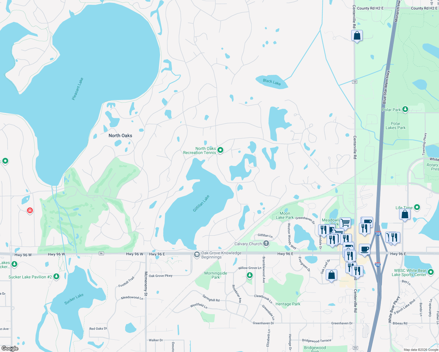 map of restaurants, bars, coffee shops, grocery stores, and more near 24 Duck Pass Rd in North Oaks