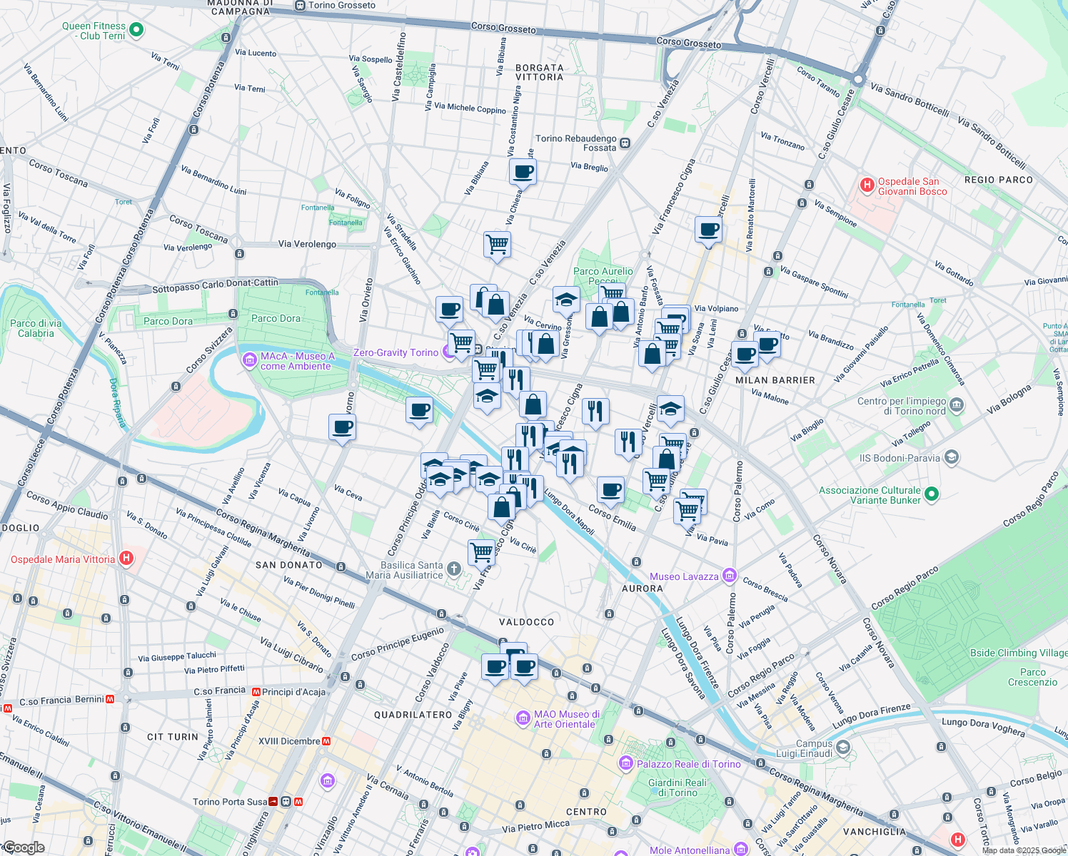 map of restaurants, bars, coffee shops, grocery stores, and more near 71 Via Francesco Cigna in Torino