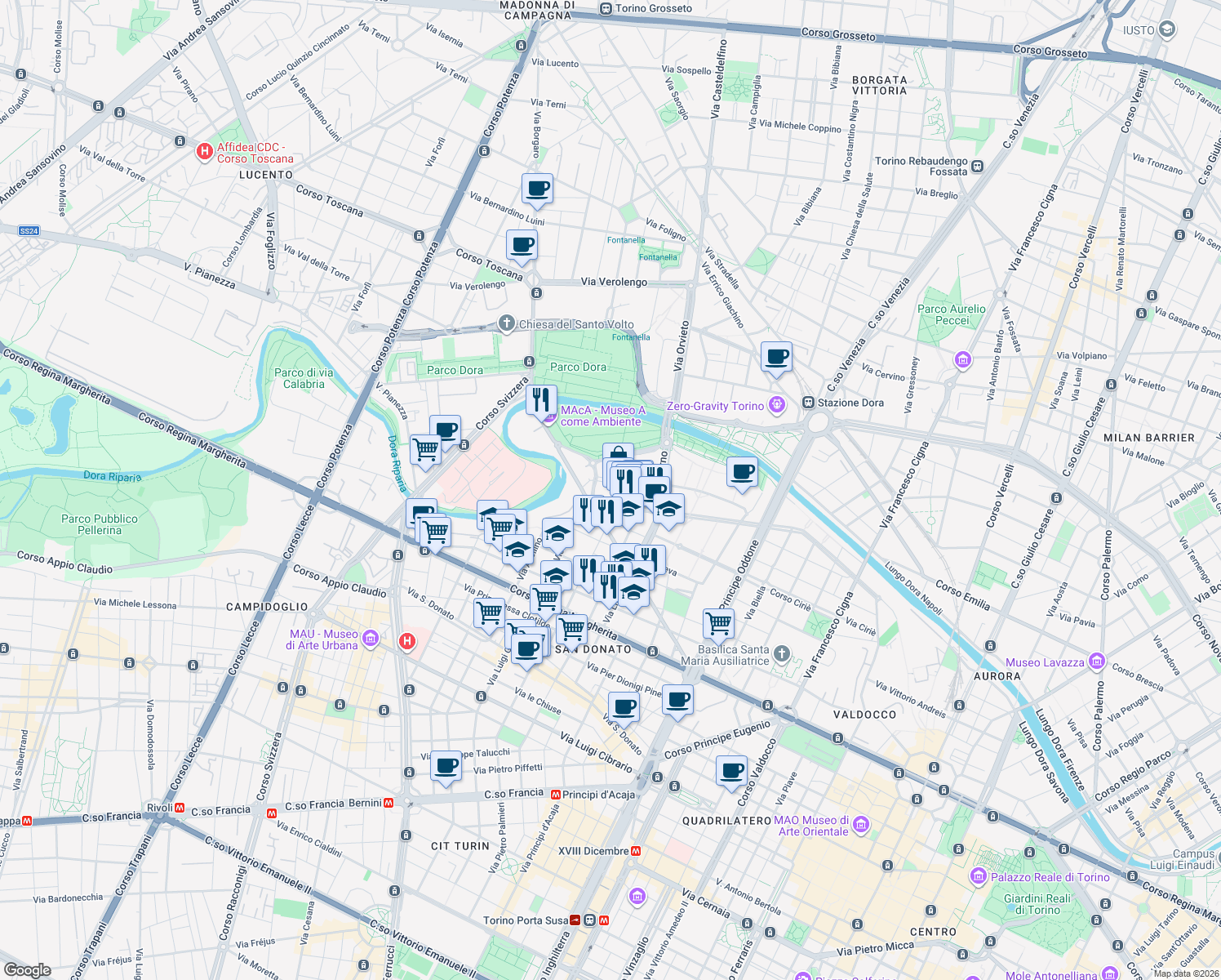 map of restaurants, bars, coffee shops, grocery stores, and more near 7 Via Antonello da Messina in Torino