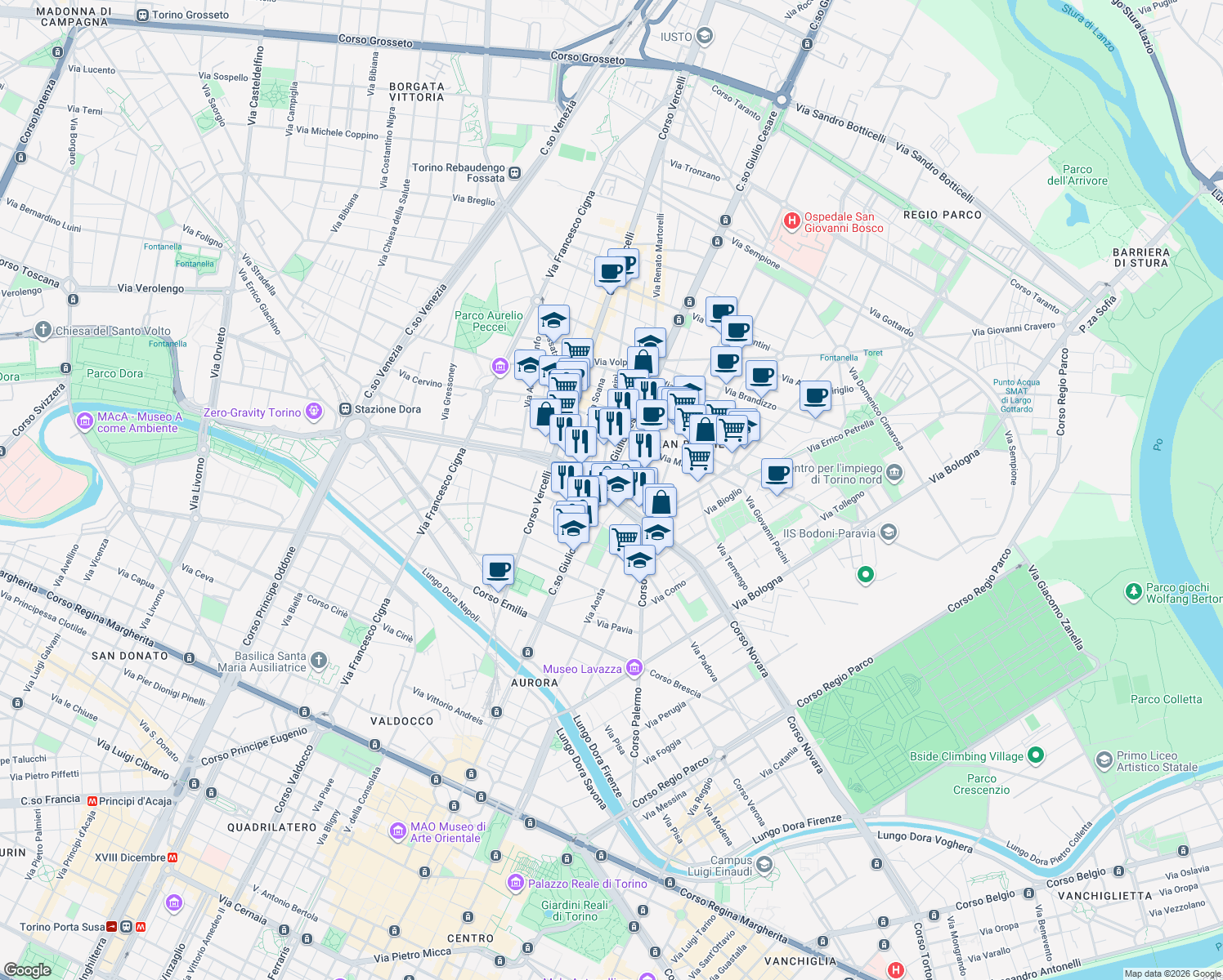 map of restaurants, bars, coffee shops, grocery stores, and more near 1-11 Via Lombardore in Turin