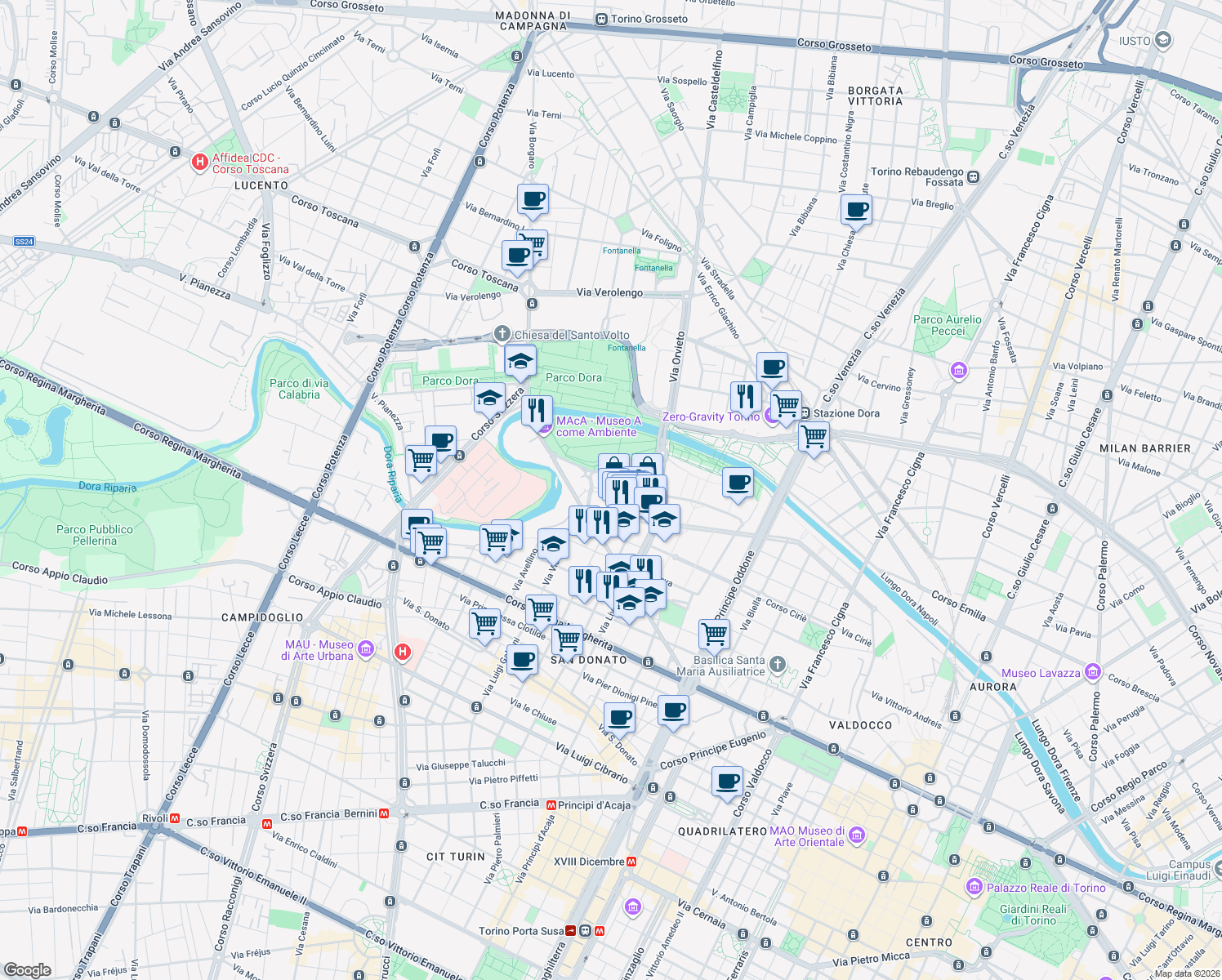 map of restaurants, bars, coffee shops, grocery stores, and more near 7 Via Antonello da Messina in Torino