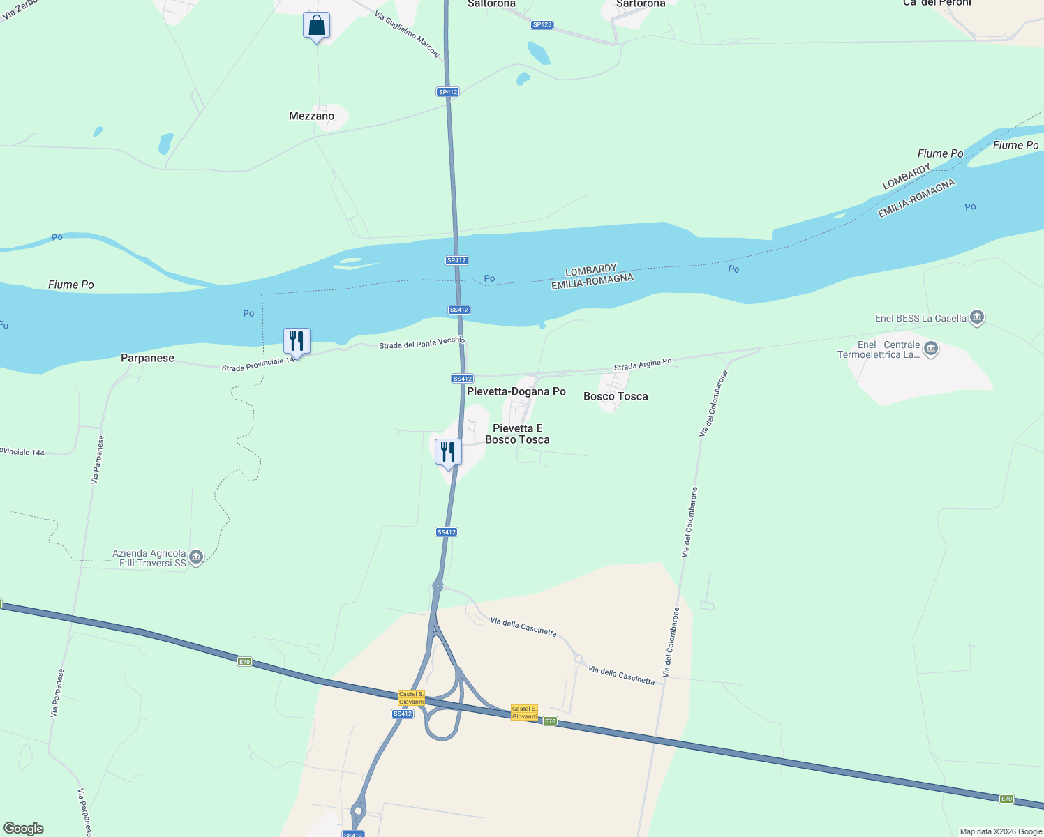 map of restaurants, bars, coffee shops, grocery stores, and more near 19 Via Pievetta in Pievetta-dogana Po