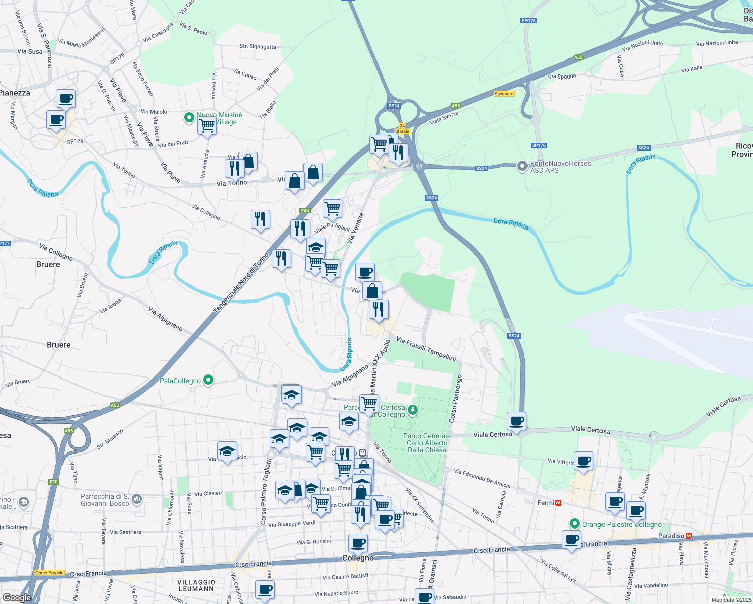 map of restaurants, bars, coffee shops, grocery stores, and more near 7 Via Sebusto in Collegno
