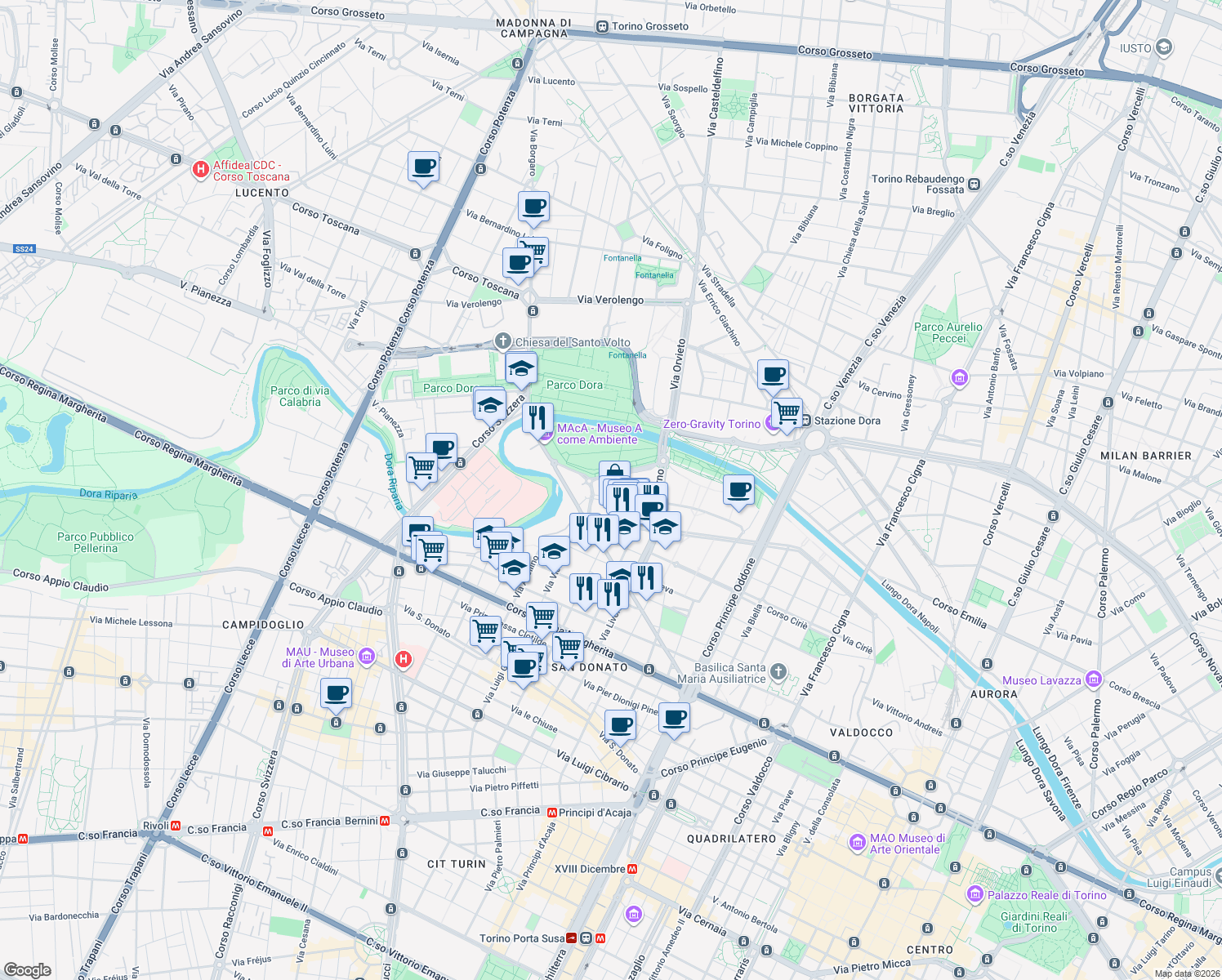 map of restaurants, bars, coffee shops, grocery stores, and more near Via Adolphe Daubrée in Turin