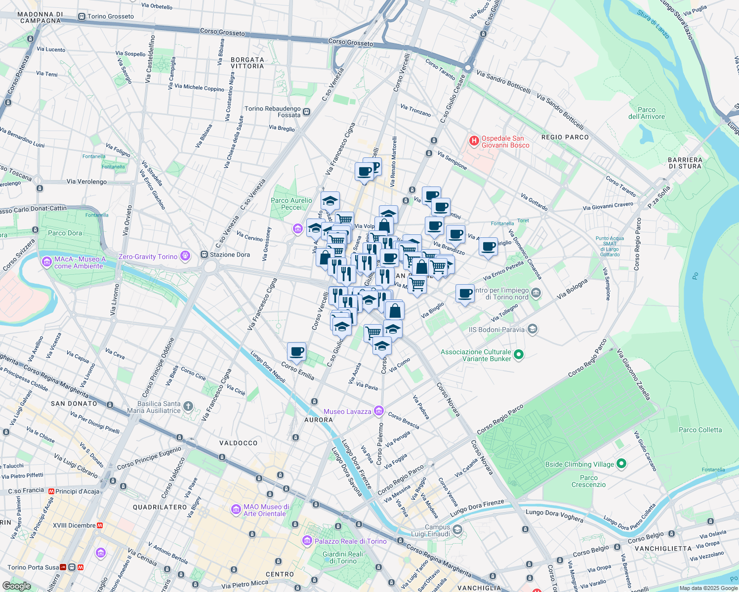 map of restaurants, bars, coffee shops, grocery stores, and more near 11 Via Lombardore in Torino