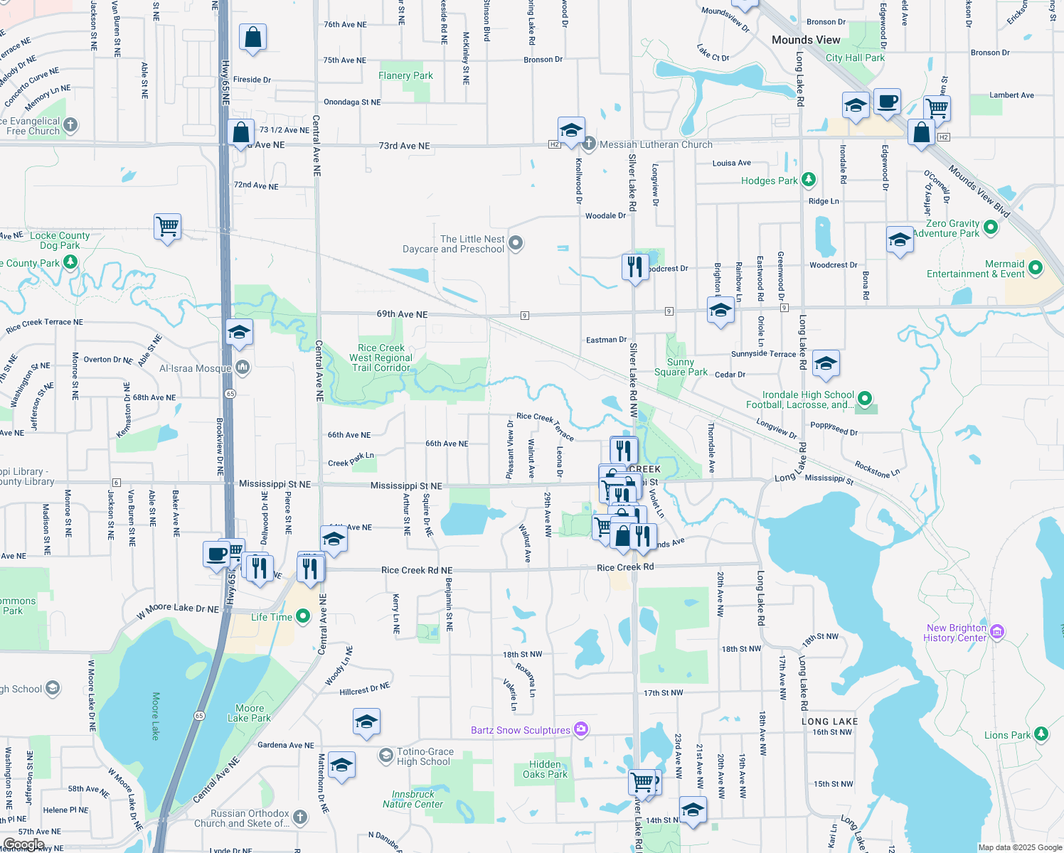 map of restaurants, bars, coffee shops, grocery stores, and more near 2444 Walnut Avenue in New Brighton