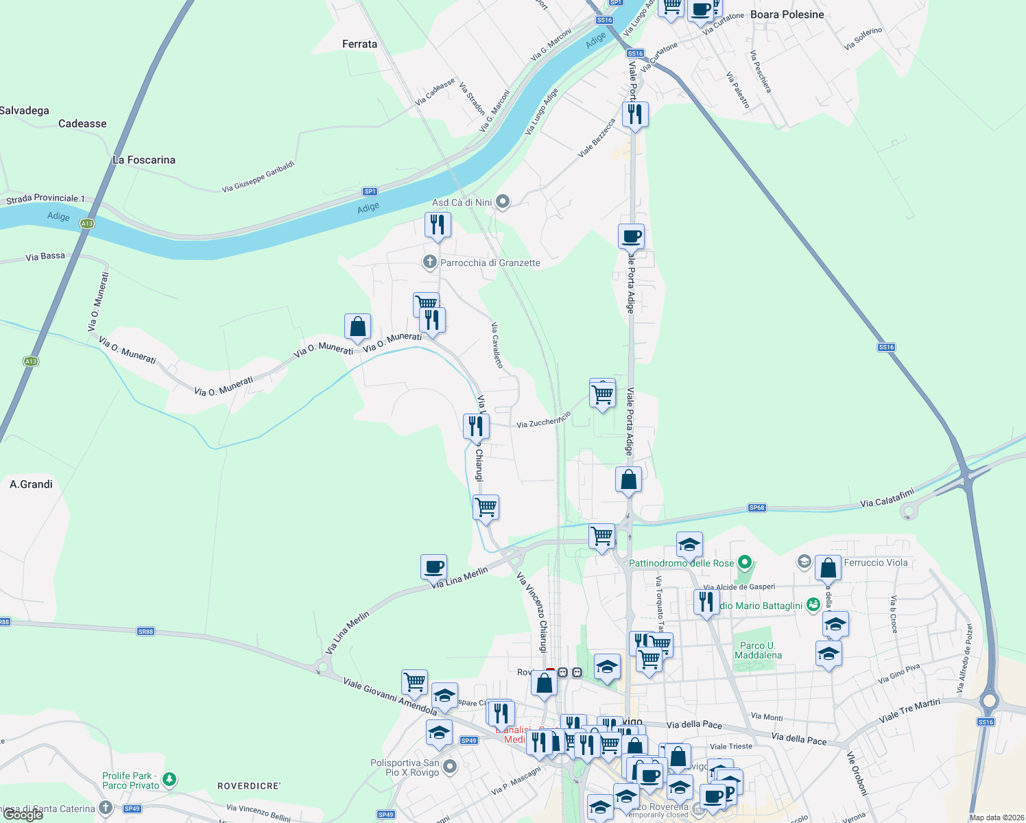 map of restaurants, bars, coffee shops, grocery stores, and more near 91 Via Cavalletto in Rovigo