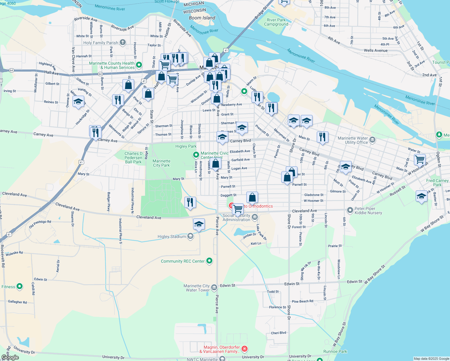 map of restaurants, bars, coffee shops, grocery stores, and more near 1609 Mary Street in Marinette