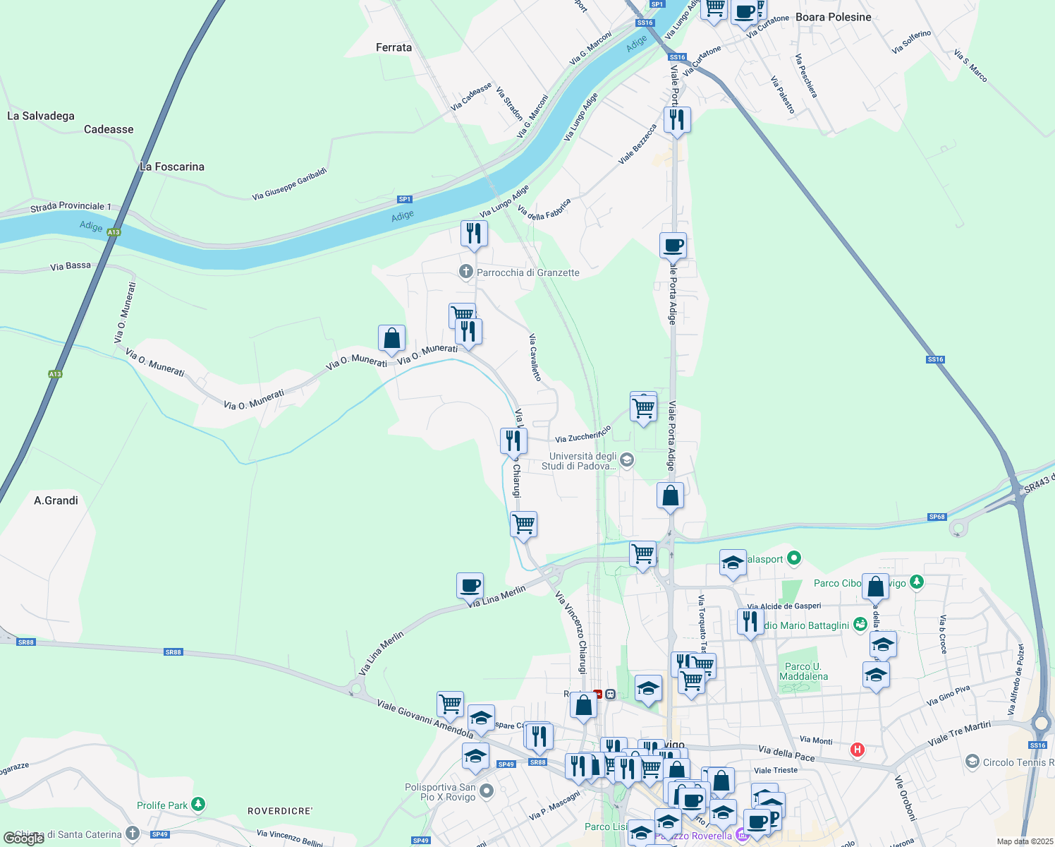 map of restaurants, bars, coffee shops, grocery stores, and more near 118f Via Vincenzo Chiarugi in Rovigo