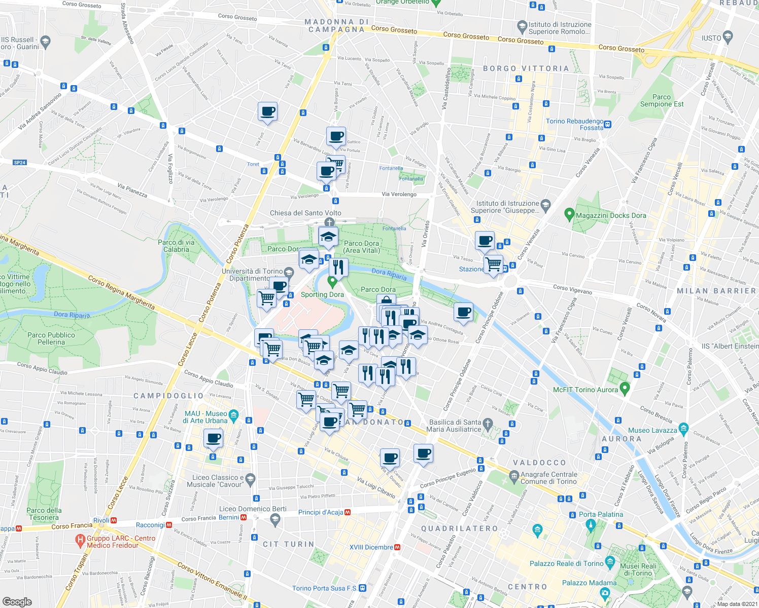 map of restaurants, bars, coffee shops, grocery stores, and more near Via Adolphe Daubrée in Turin