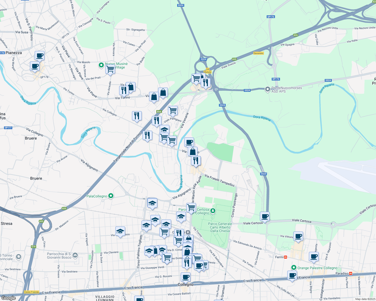 map of restaurants, bars, coffee shops, grocery stores, and more near 7 Via Sebusto in Collegno