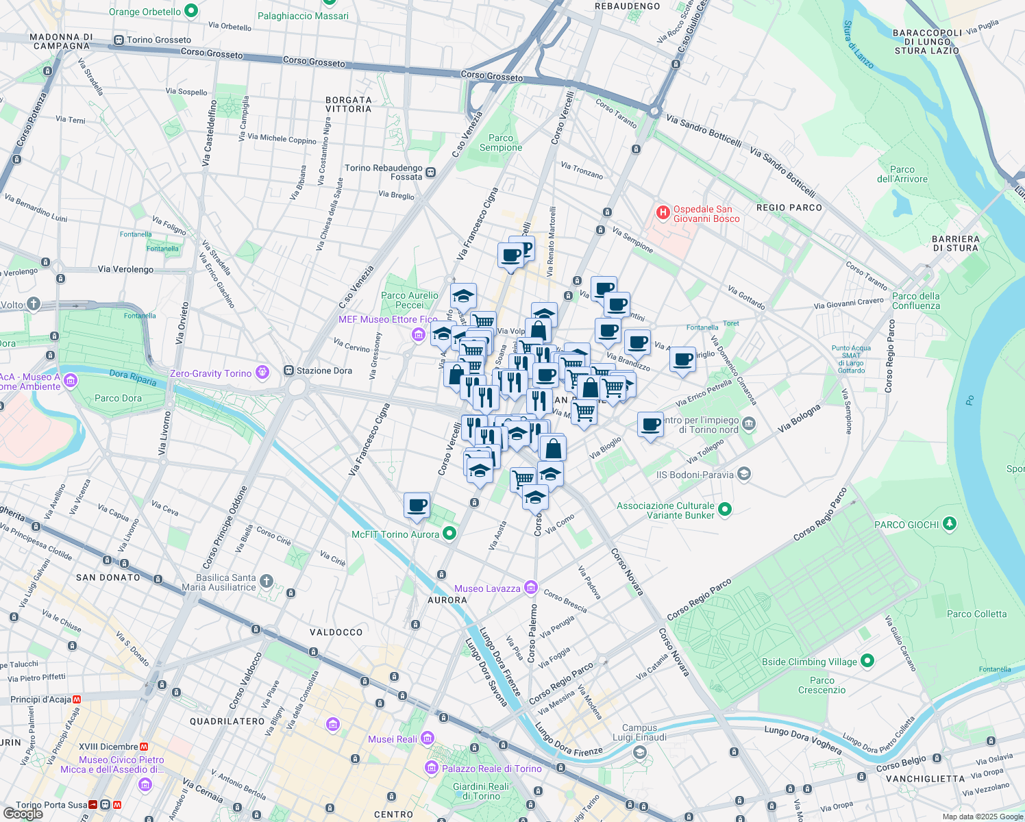 map of restaurants, bars, coffee shops, grocery stores, and more near 1-11 Via Lombardore in Turin