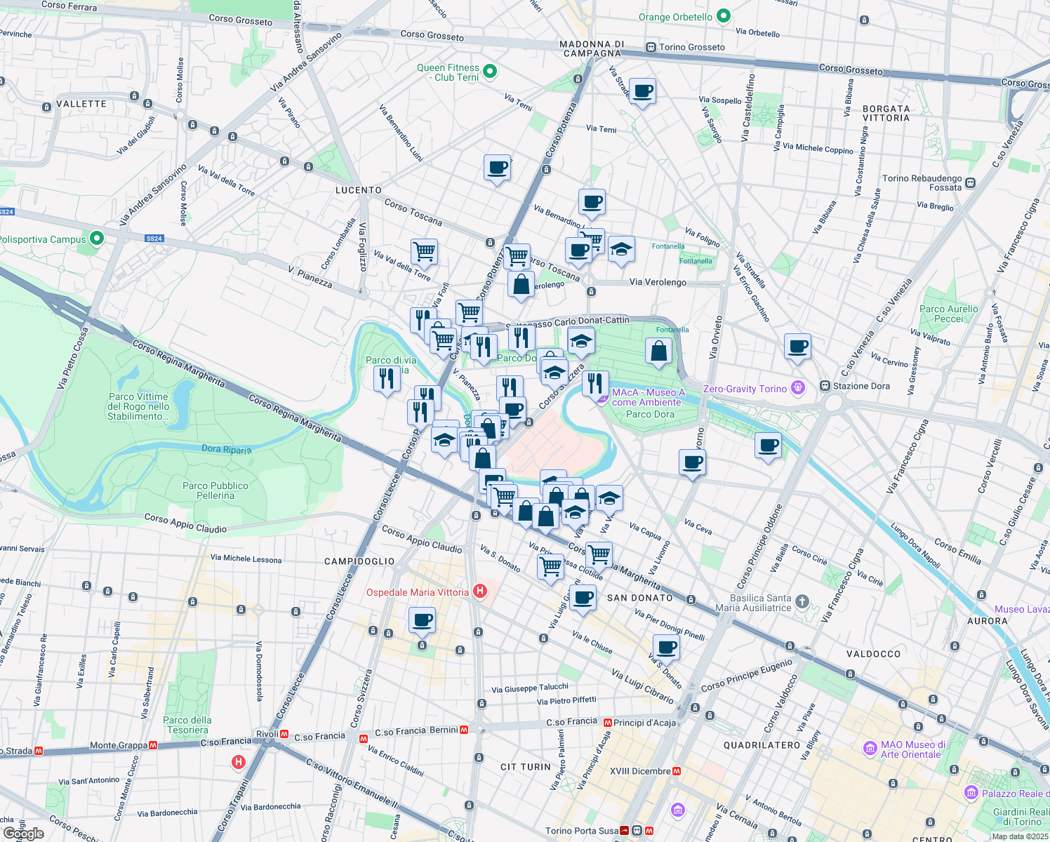map of restaurants, bars, coffee shops, grocery stores, and more near 12 Via Pessinetto in Torino