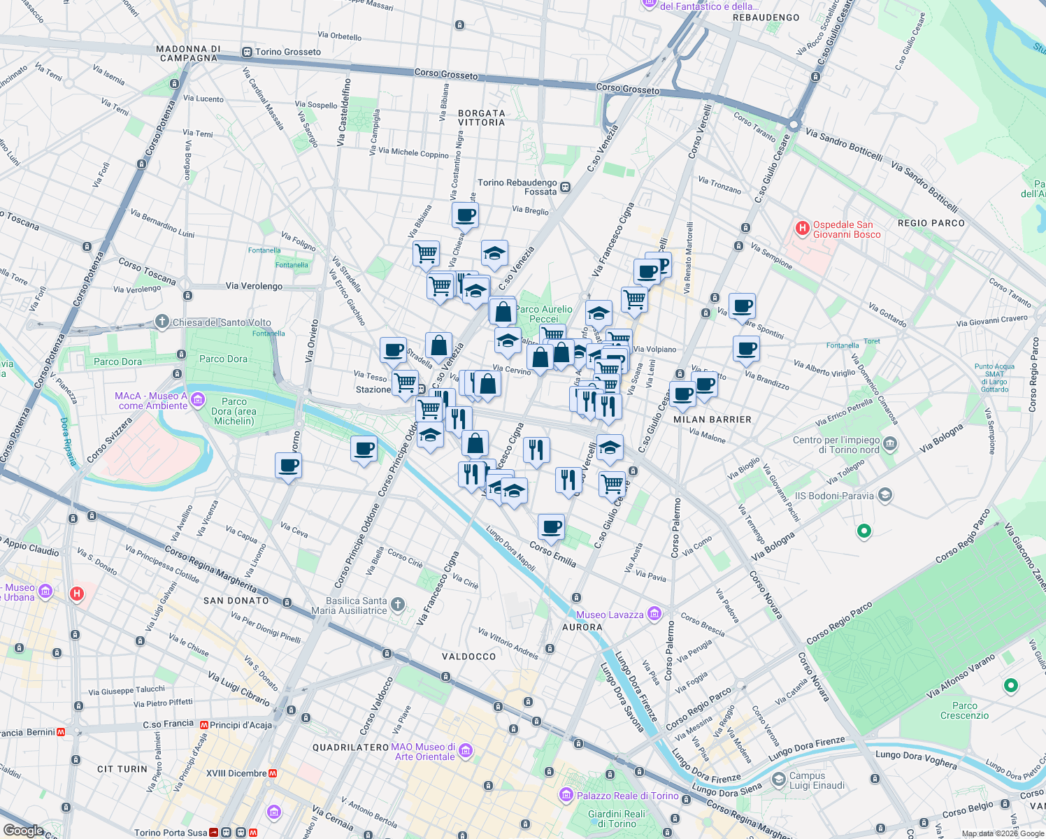 map of restaurants, bars, coffee shops, grocery stores, and more near 28-34 Corso Vigevano in Torino