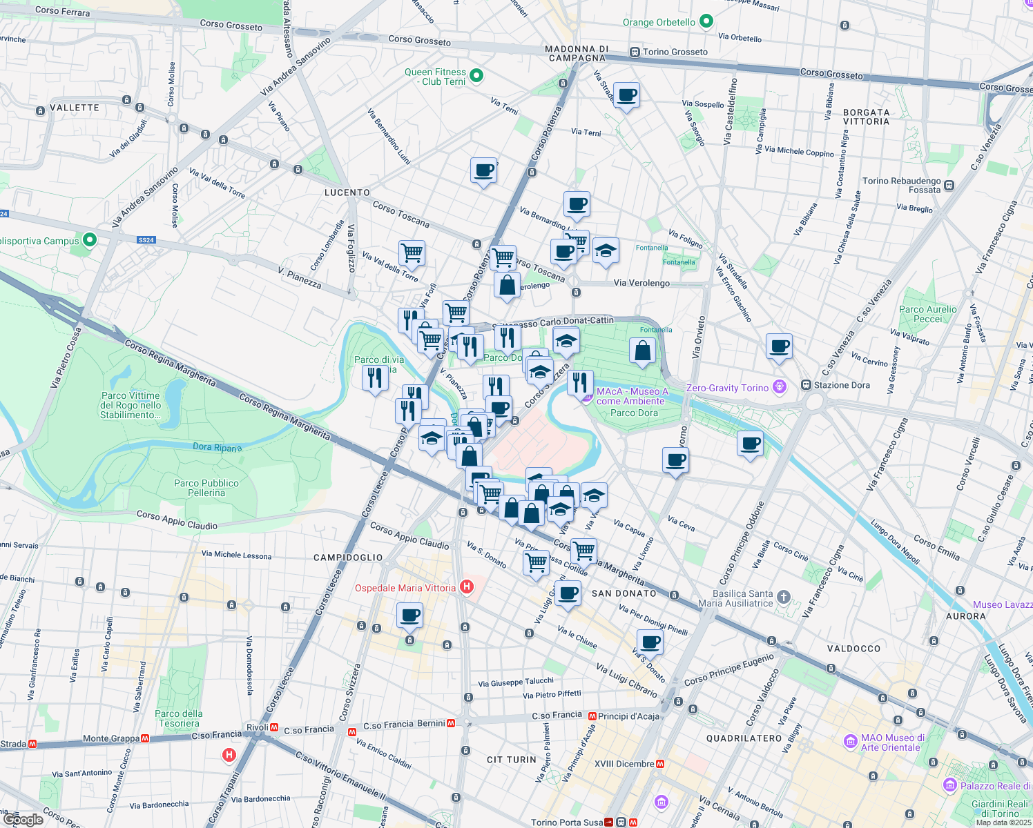map of restaurants, bars, coffee shops, grocery stores, and more near 12 Via Pessinetto in Torino