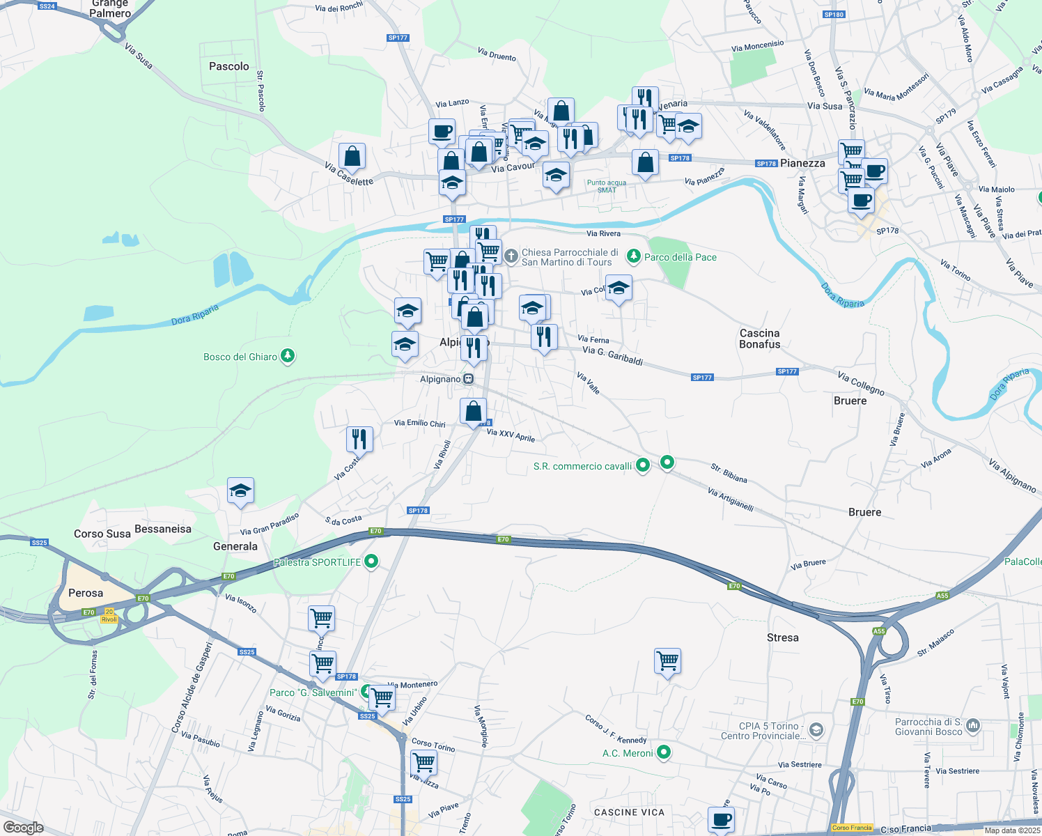 map of restaurants, bars, coffee shops, grocery stores, and more near 9 Via Sangone in Alpignano