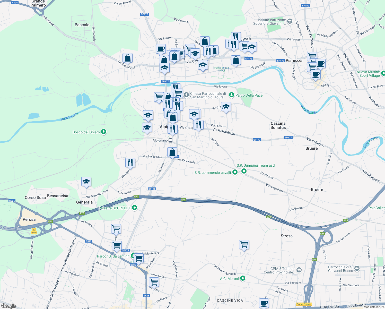 map of restaurants, bars, coffee shops, grocery stores, and more near 9 Via Sangone in Alpignano