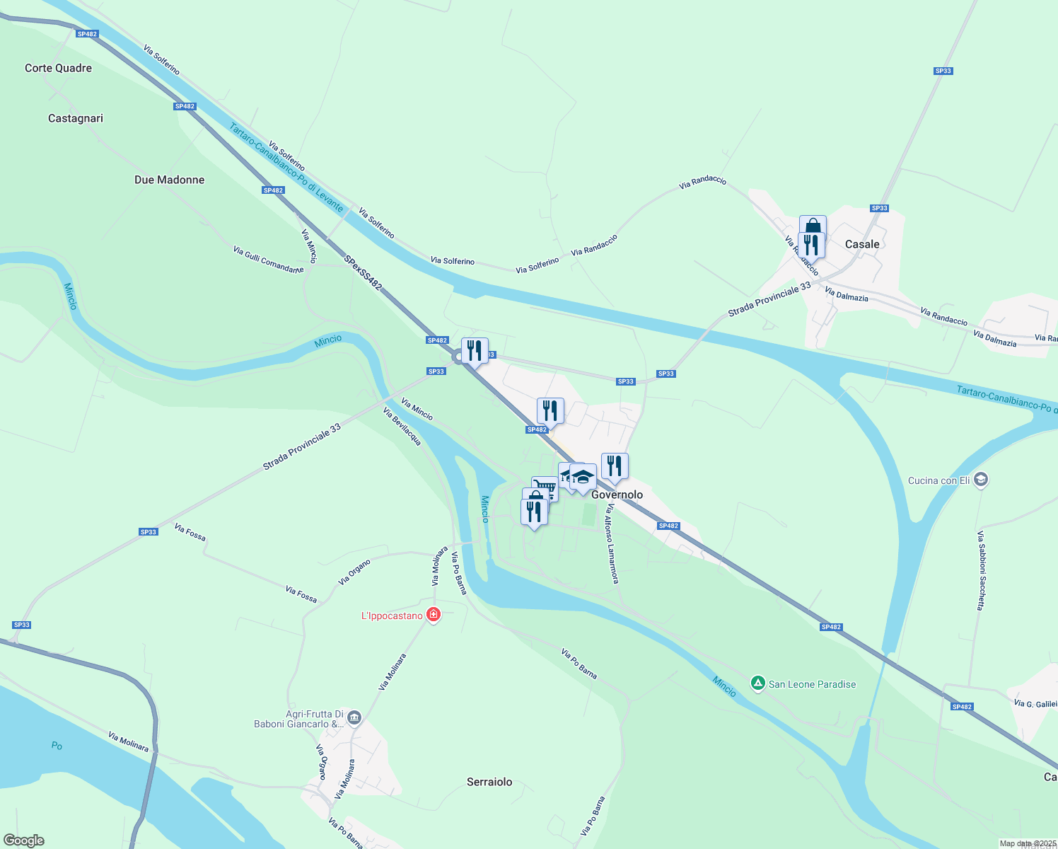 map of restaurants, bars, coffee shops, grocery stores, and more near 105 SP482 in Governolo