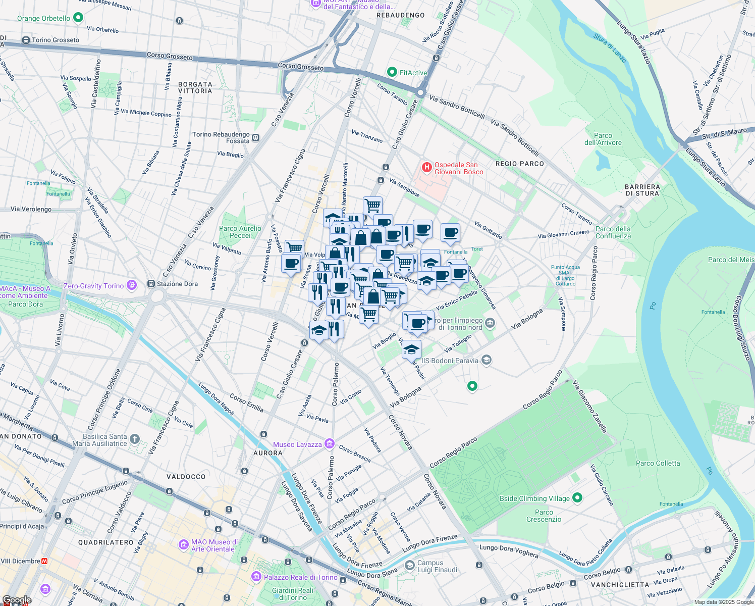 map of restaurants, bars, coffee shops, grocery stores, and more near 9 Via Candia in Torino