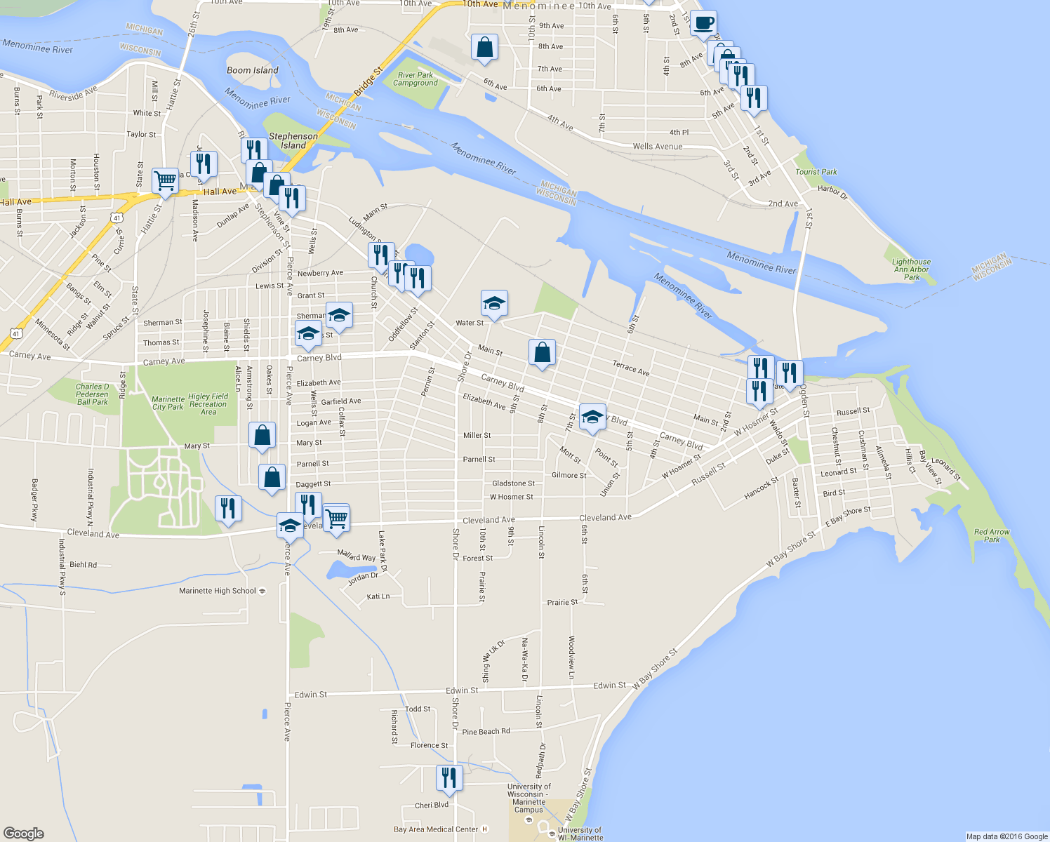 map of restaurants, bars, coffee shops, grocery stores, and more near 815 Elizabeth Ave in Marinette