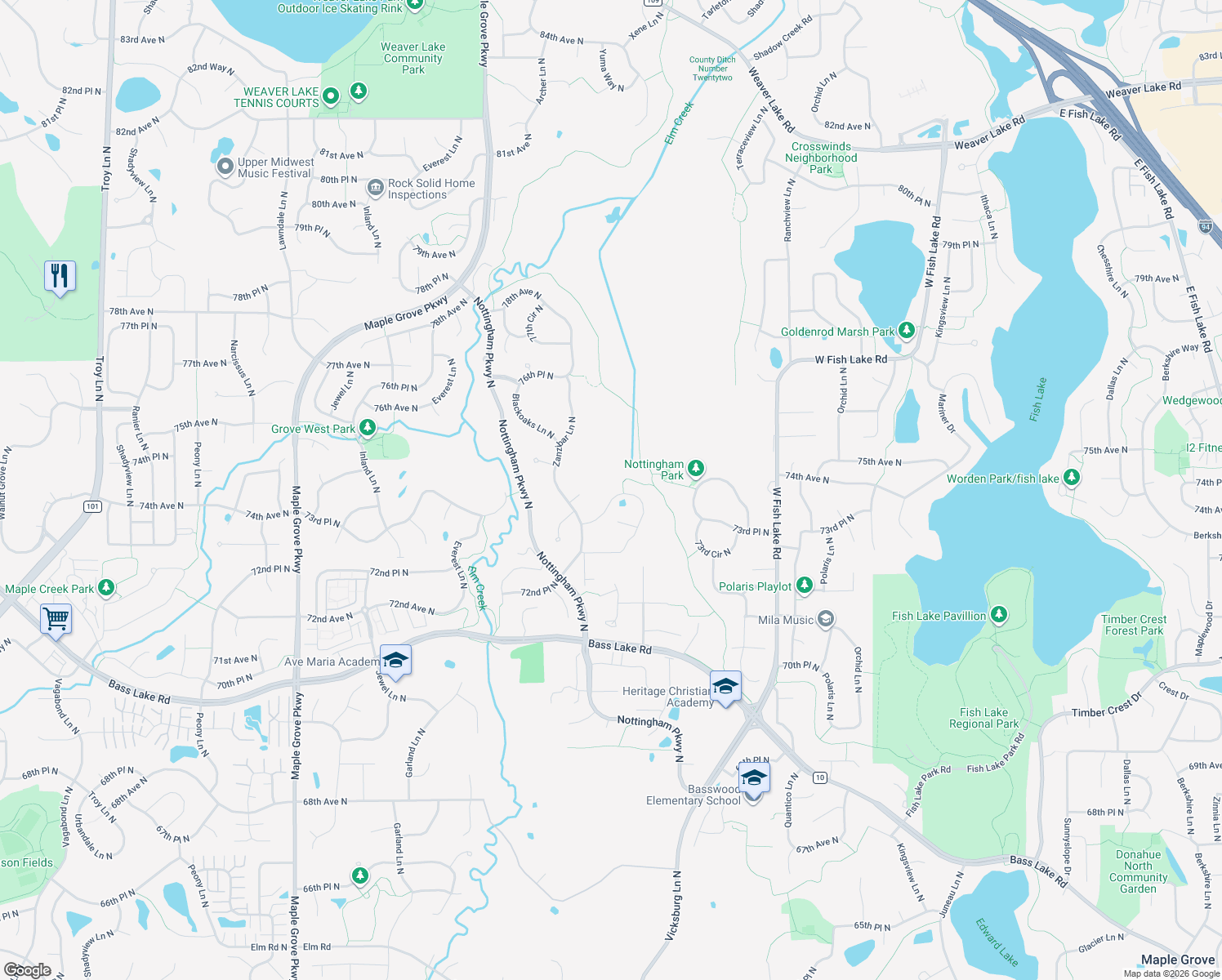 map of restaurants, bars, coffee shops, grocery stores, and more near 16198 73rd Place North in Osseo