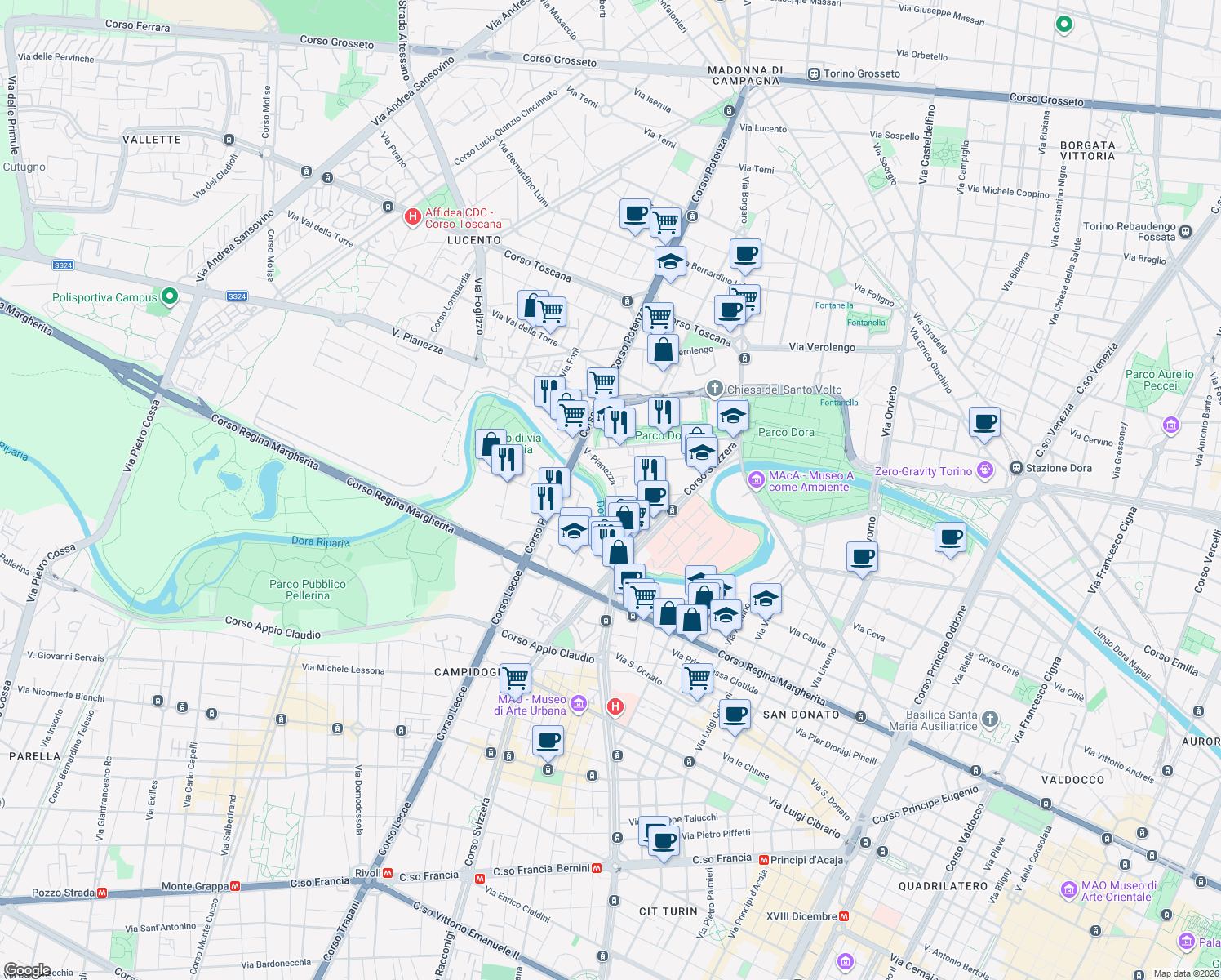 map of restaurants, bars, coffee shops, grocery stores, and more near 33 Via Pianezza in Torino