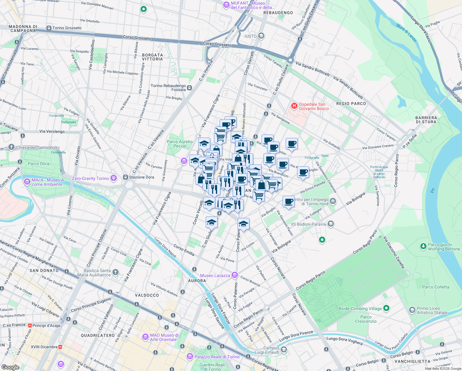 map of restaurants, bars, coffee shops, grocery stores, and more near 91 Corso Giulio Cesare in Torino