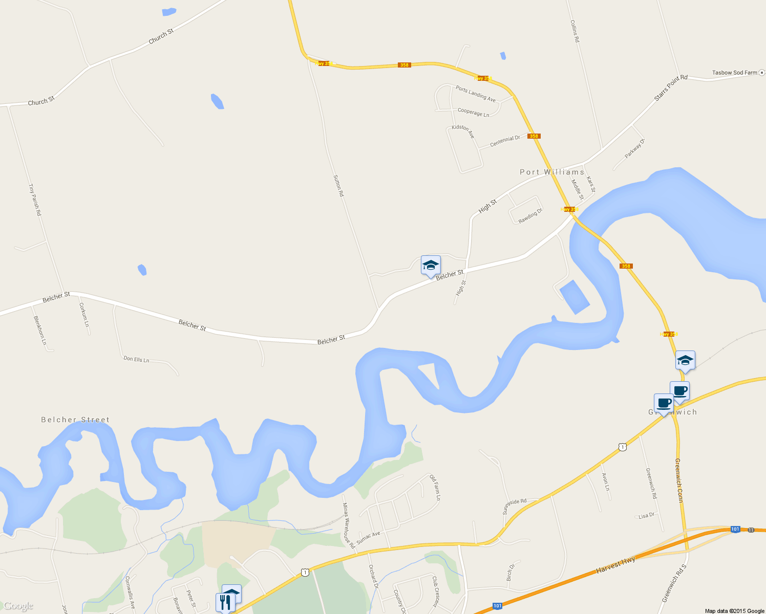 map of restaurants, bars, coffee shops, grocery stores, and more near 1207 Belcher Street in Port Williams