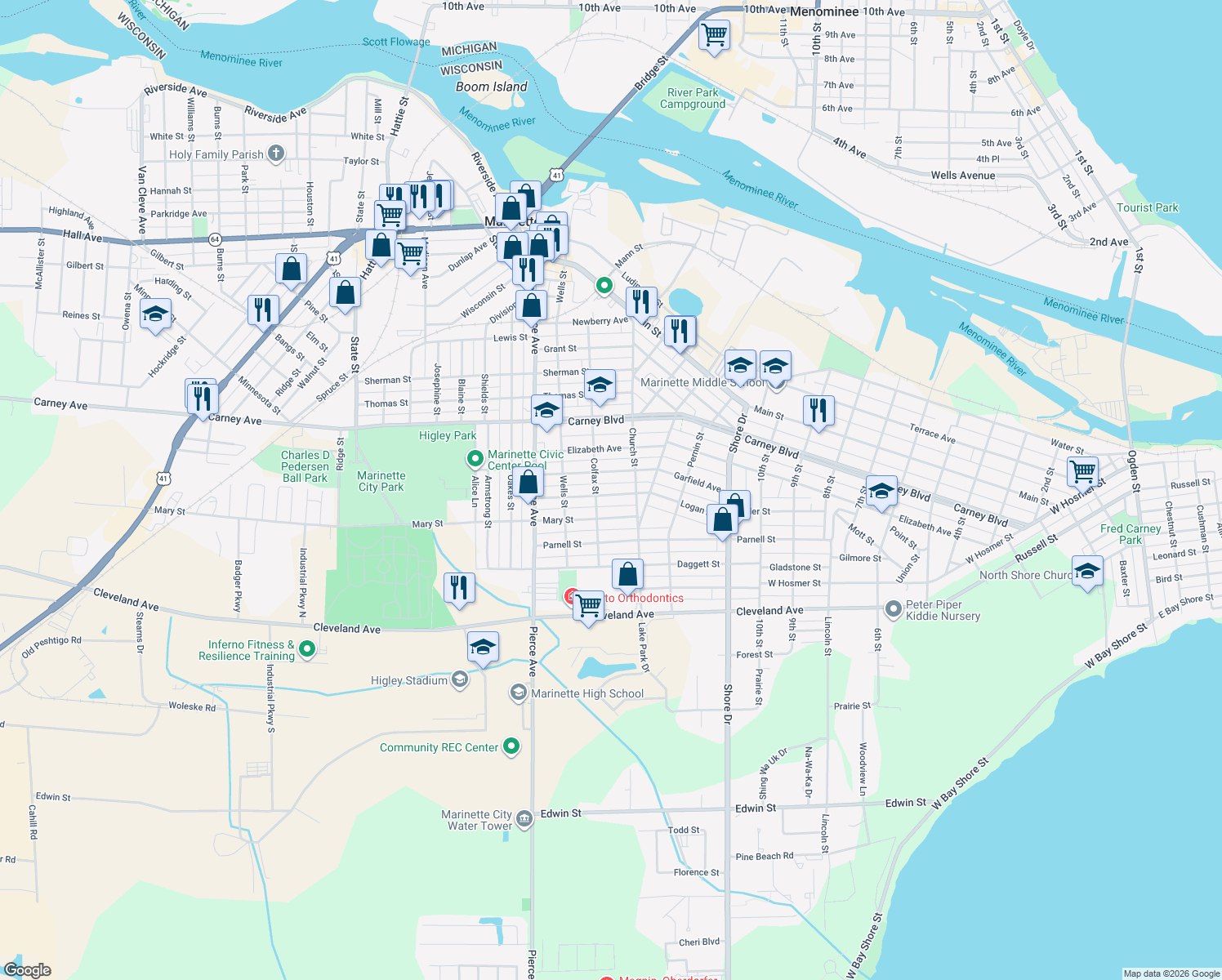 map of restaurants, bars, coffee shops, grocery stores, and more near 1428 Logan Avenue in Marinette