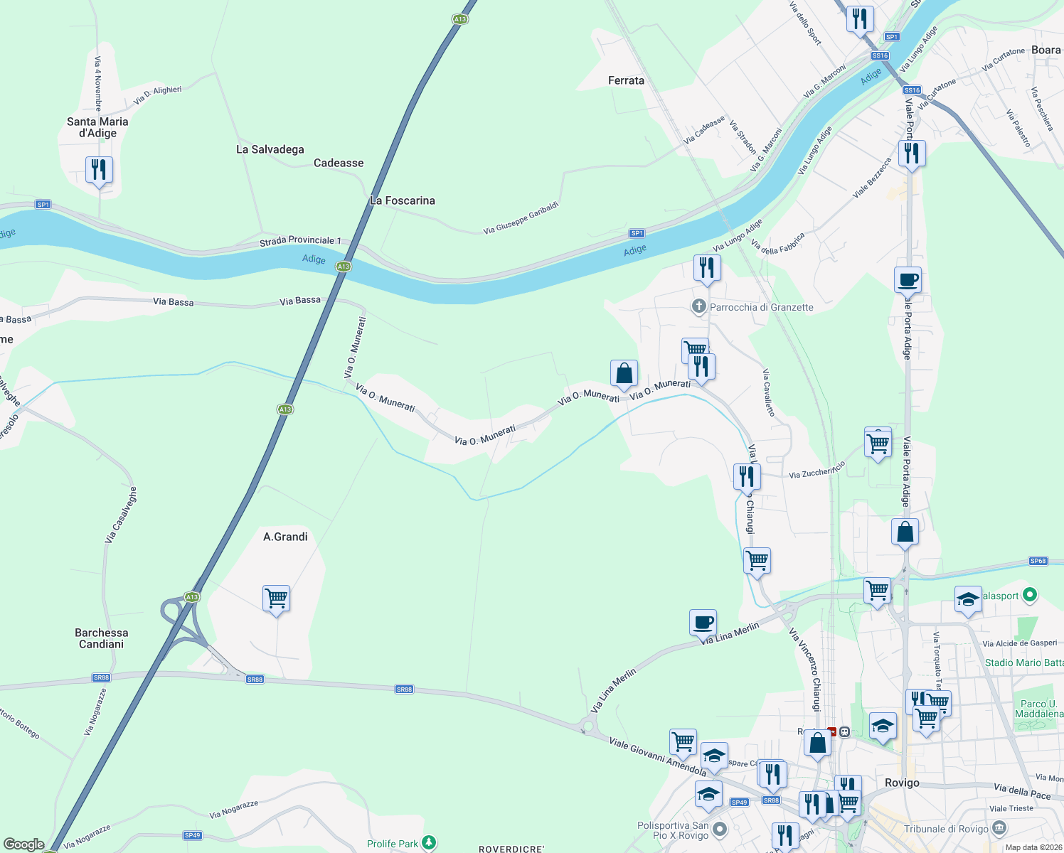 map of restaurants, bars, coffee shops, grocery stores, and more near 61 Via O. Munerati in Rovigo