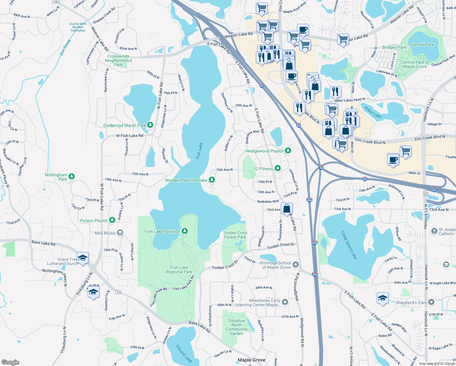 map of restaurants, bars, coffee shops, grocery stores, and more near 7475 Dallas Lane North in Maple Grove