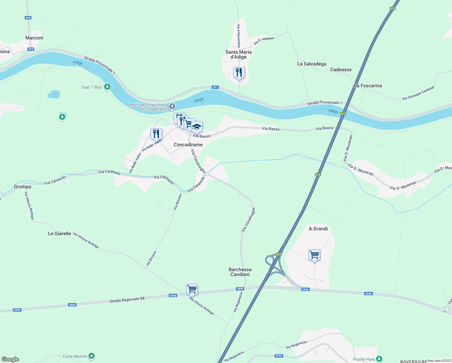 map of restaurants, bars, coffee shops, grocery stores, and more near 35 Via Casalveghe in Concadirame