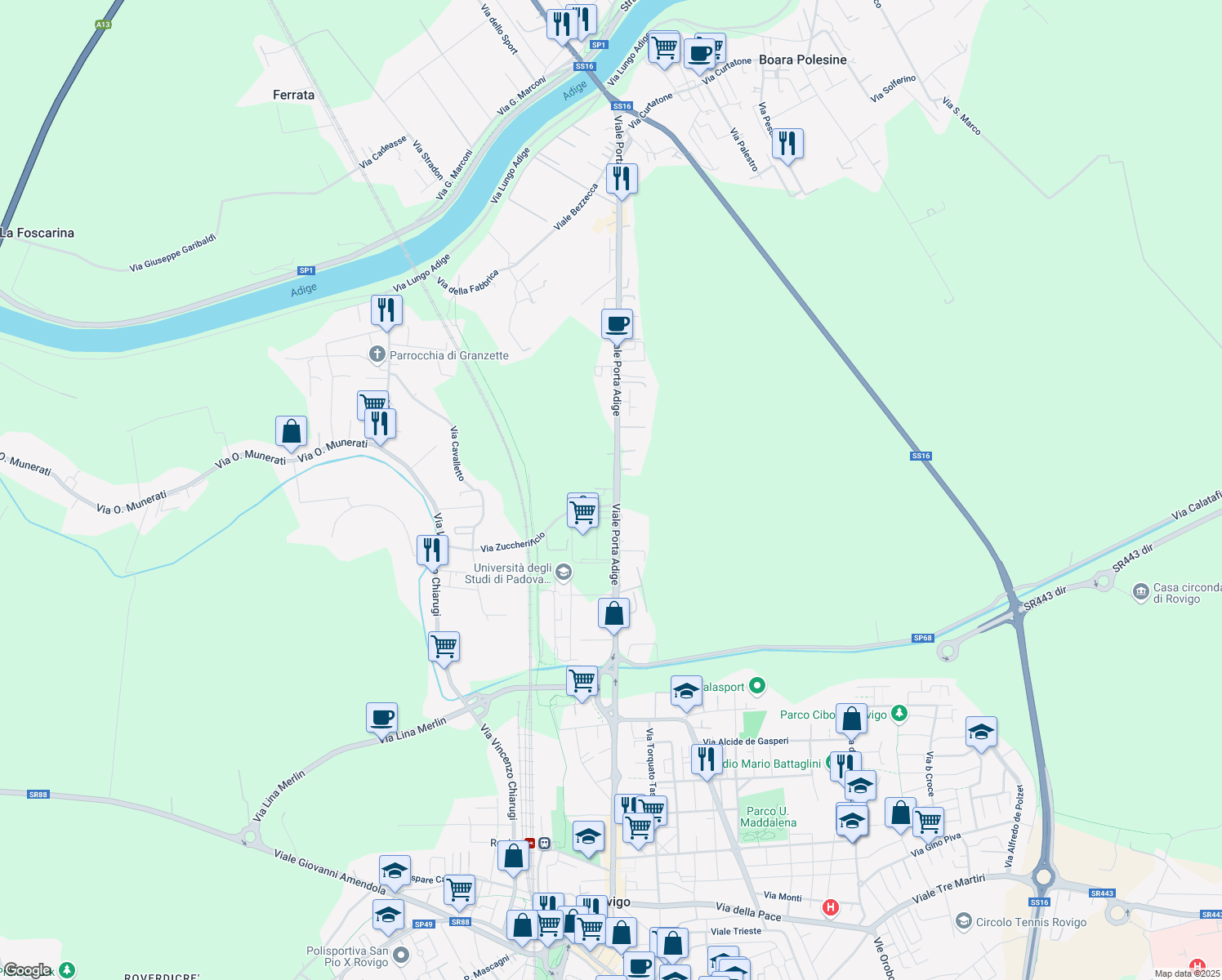 map of restaurants, bars, coffee shops, grocery stores, and more near 40 Viale Porta Adige in Rovigo