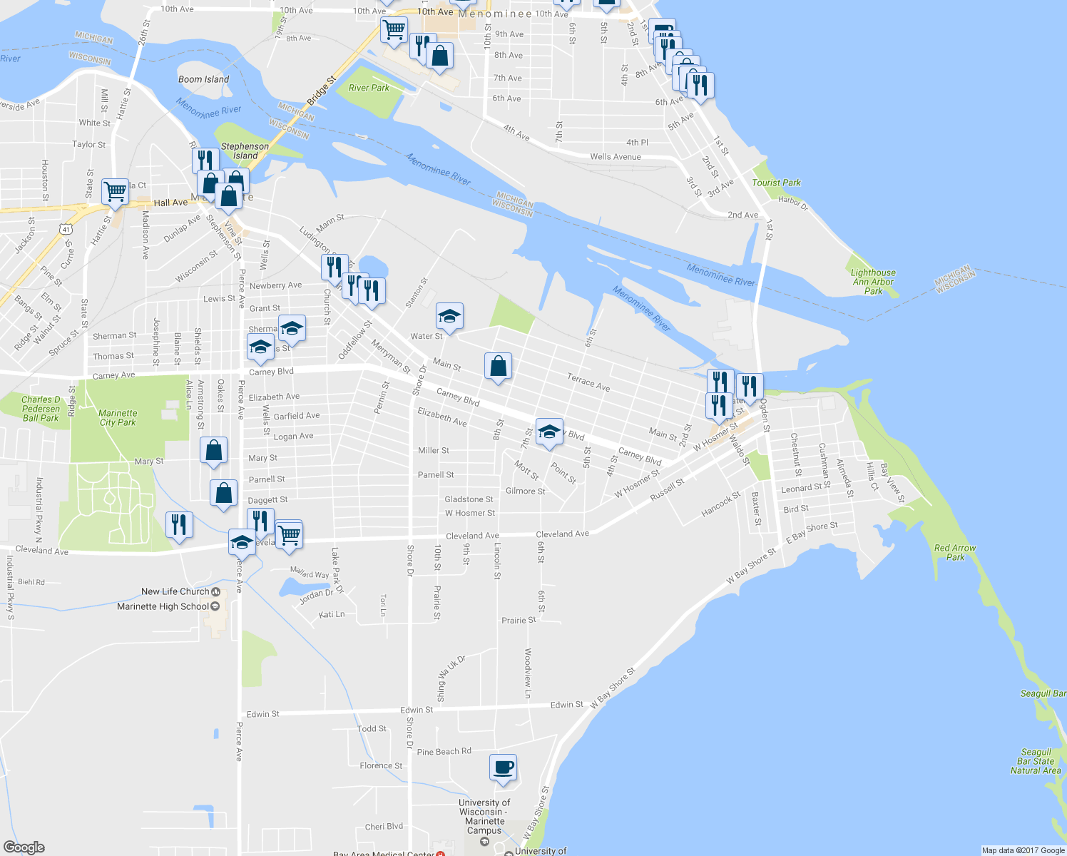 map of restaurants, bars, coffee shops, grocery stores, and more near 637 Carney Boulevard in Marinette
