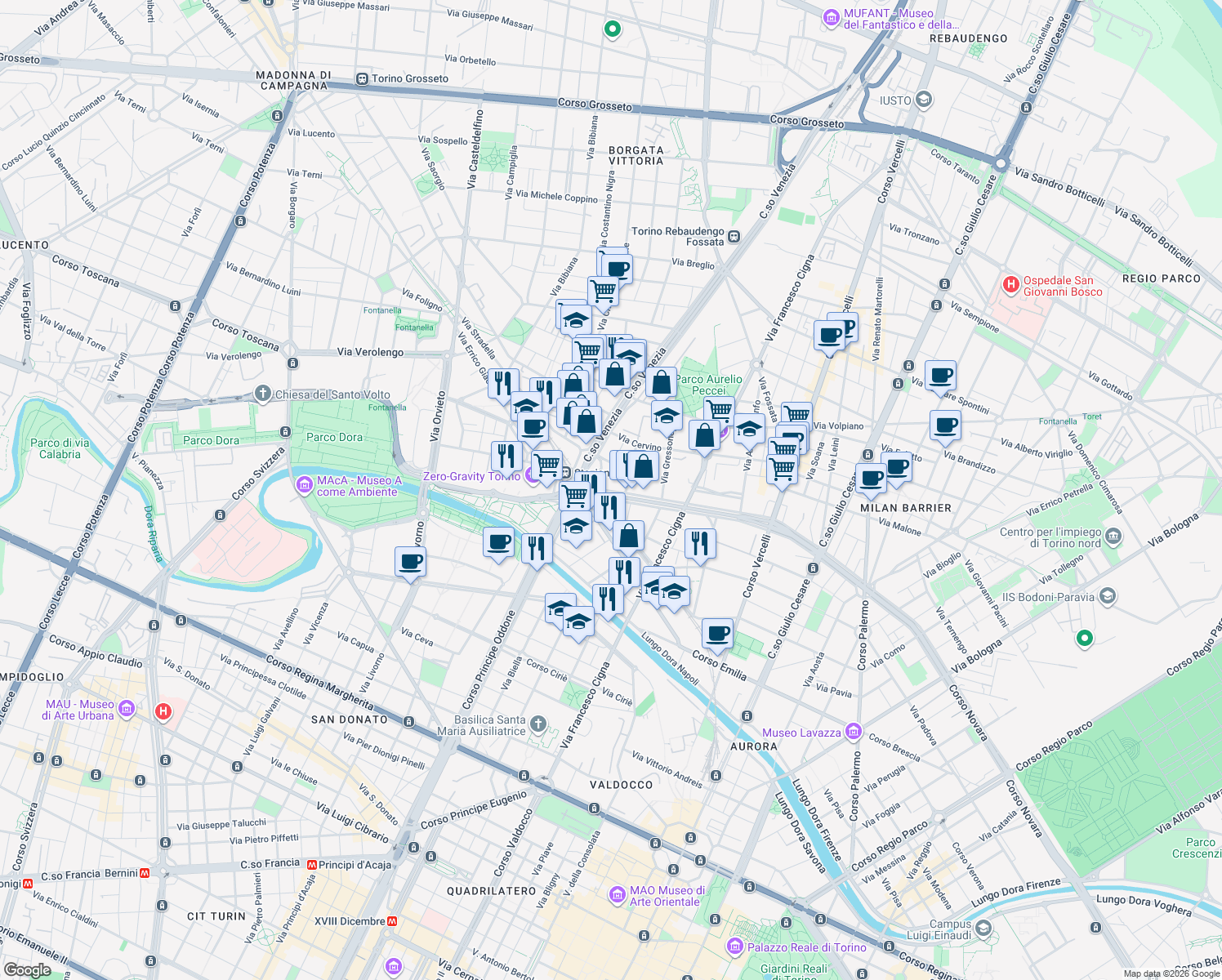 map of restaurants, bars, coffee shops, grocery stores, and more near 58 Corso Vigevano in Torino