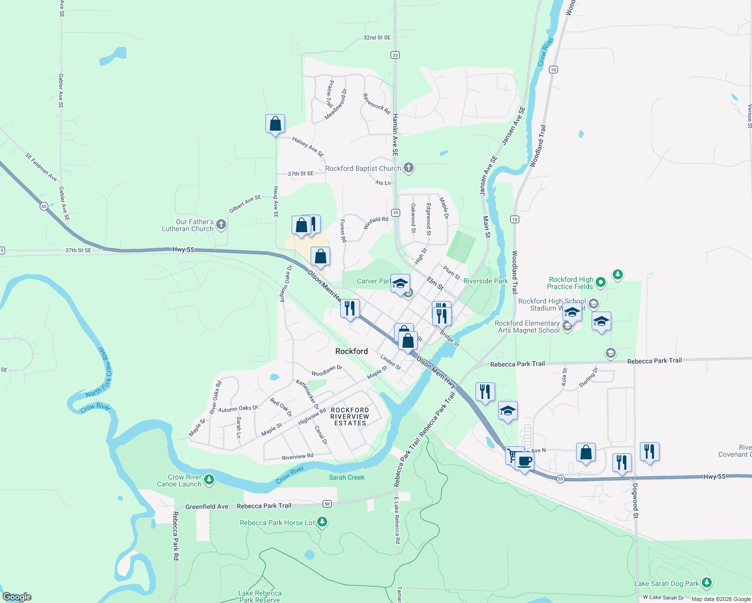 map of restaurants, bars, coffee shops, grocery stores, and more near 8640 Walnut Street in Rockford