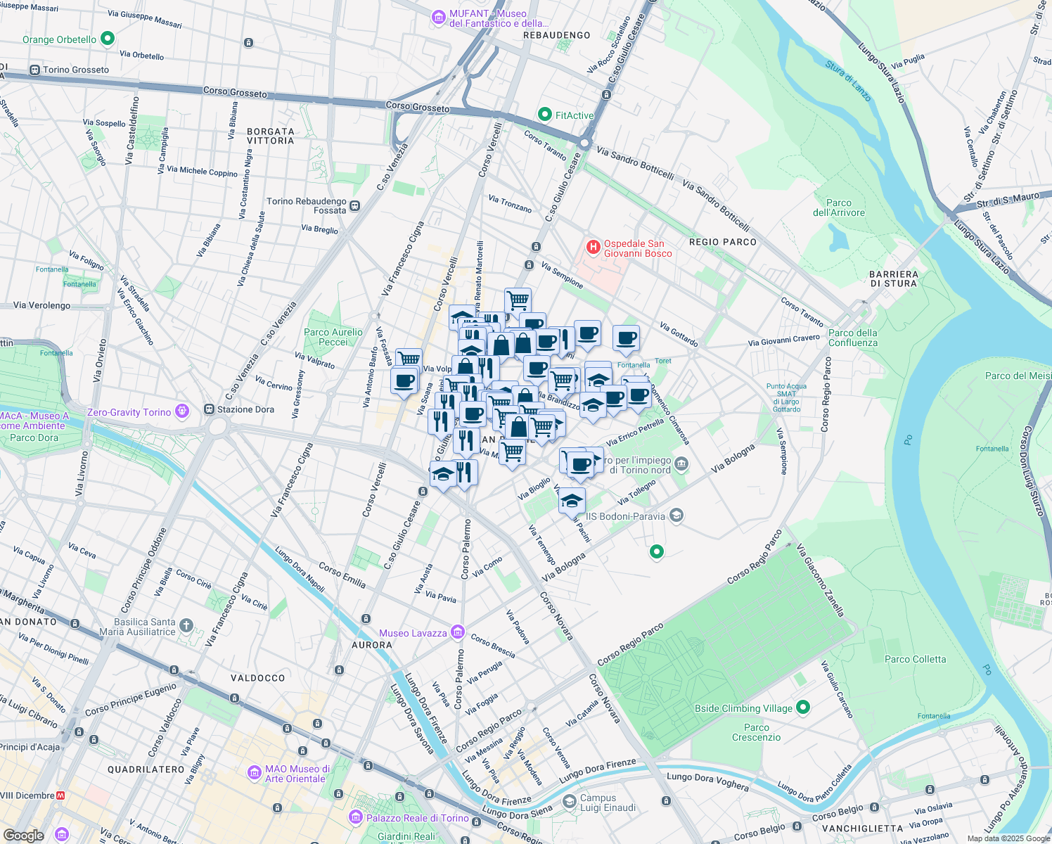 map of restaurants, bars, coffee shops, grocery stores, and more near 9 Via Candia in Torino