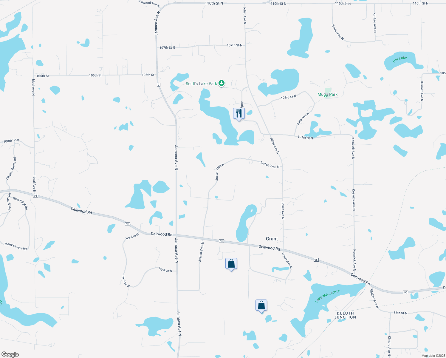 map of restaurants, bars, coffee shops, grocery stores, and more near 9755 Justen Trail North in White Bear Lake