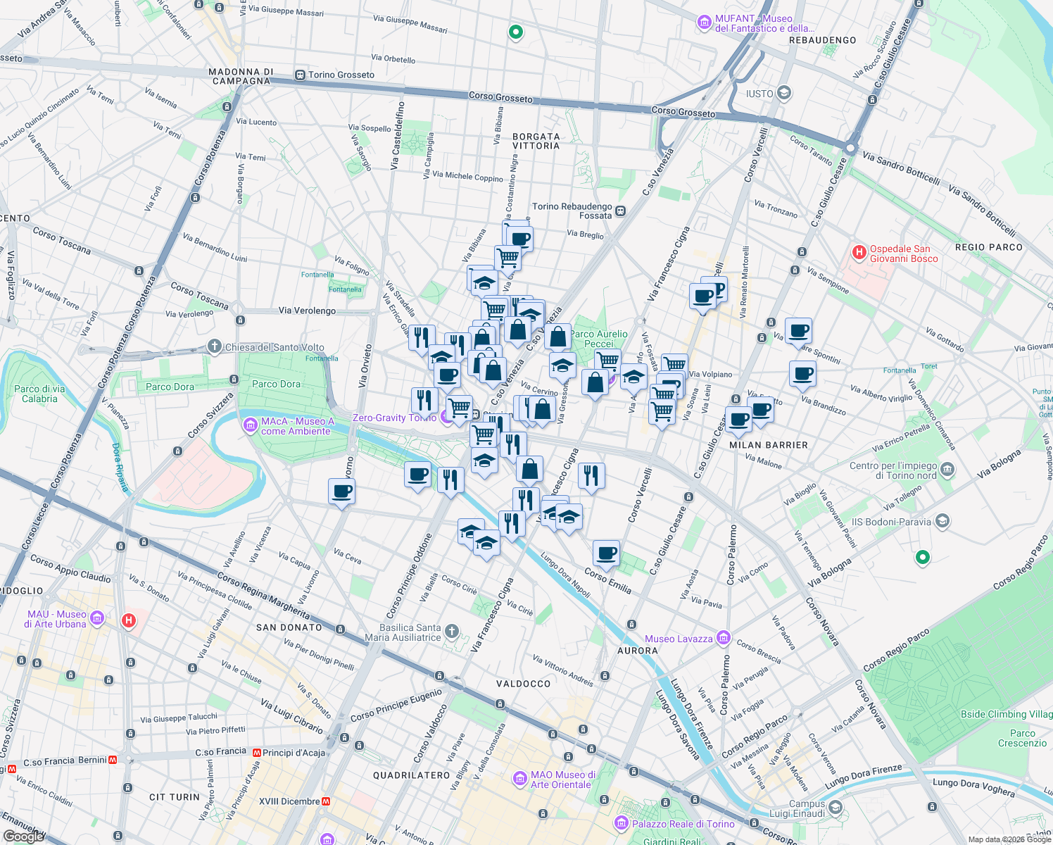map of restaurants, bars, coffee shops, grocery stores, and more near 58 Corso Vigevano in Torino