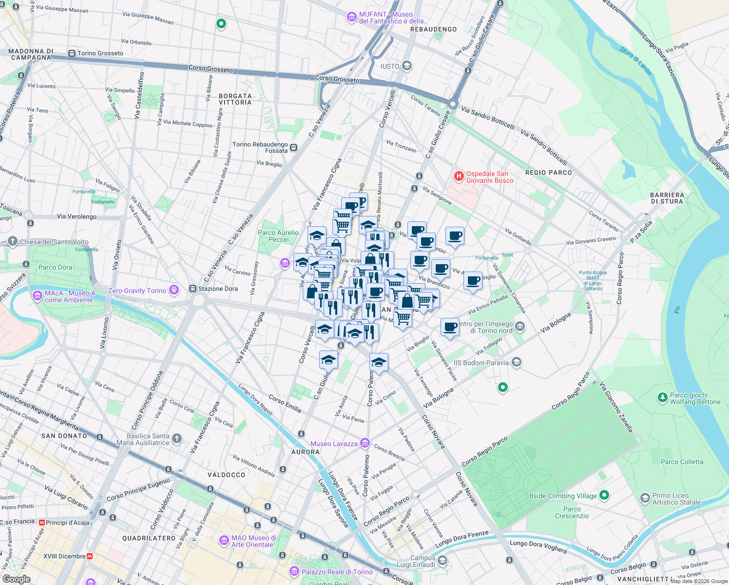 map of restaurants, bars, coffee shops, grocery stores, and more near 91 Corso Giulio Cesare in Turin
